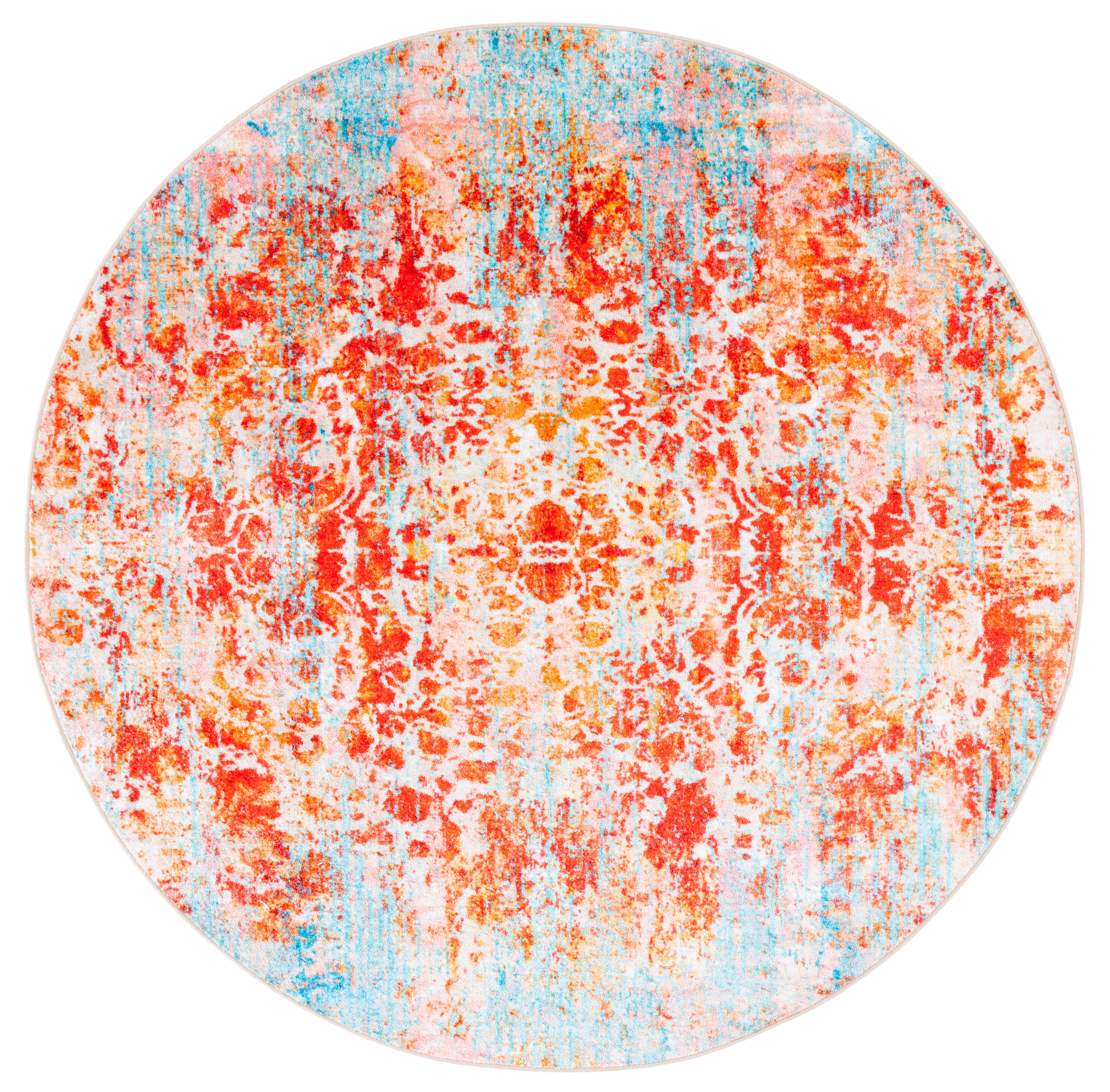 Red and Light Blue Round Washable Synthetic Area Rug