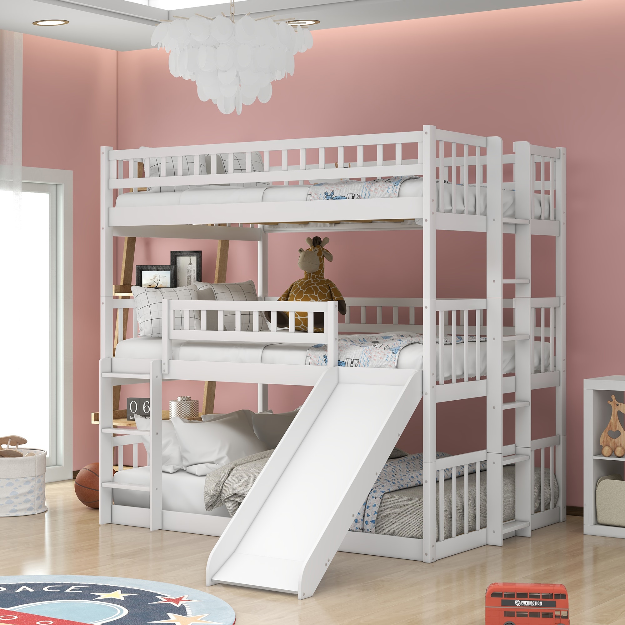 ModernLuxe LT000052AAK FullOverFullOverFull Triple Bed with Builtin Ladder and Slide  Triple Bunk Bed with Guardrails White