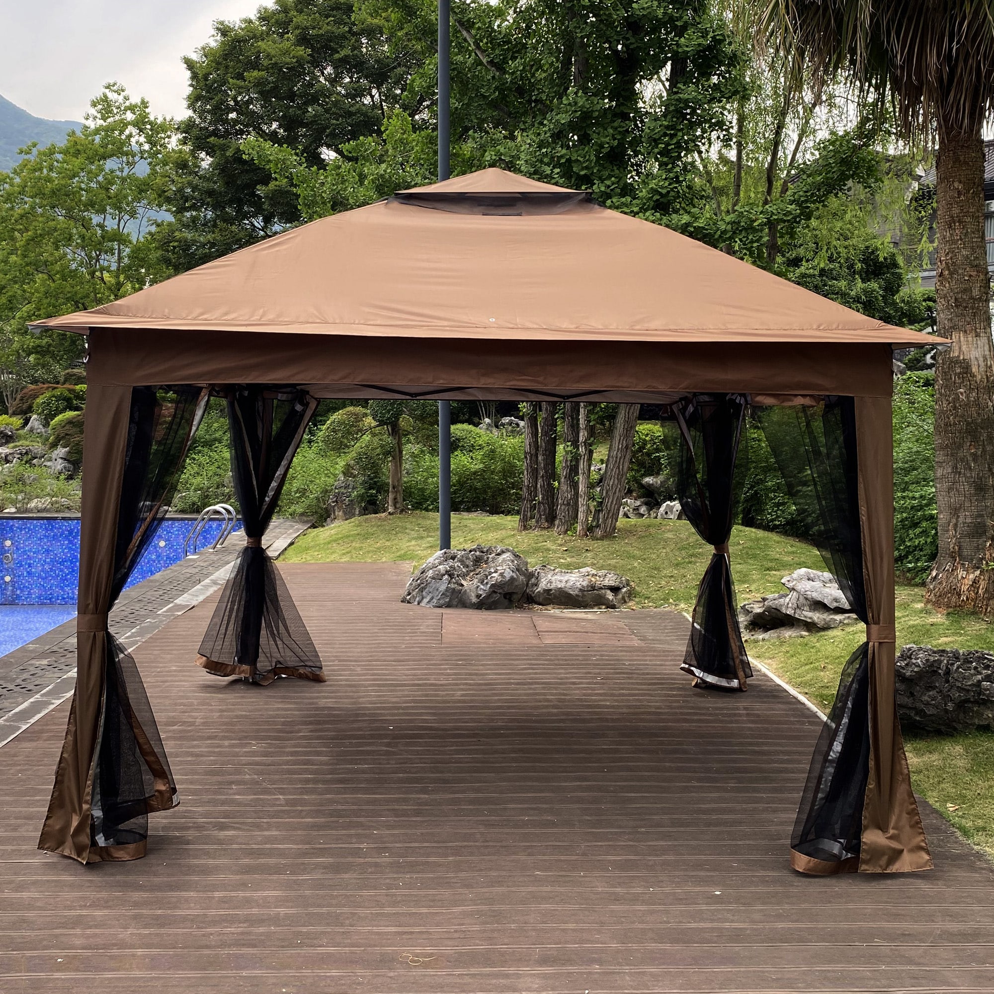 Lycvki GZB-08 9.8-ft x 9.8-ft Gazebos Brown Gazebo with Soft Top Roof (Screen Included)