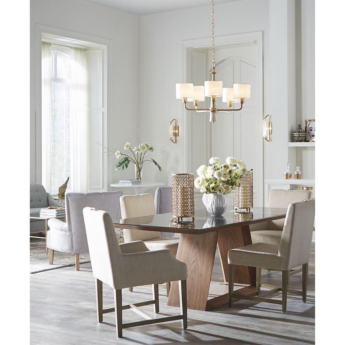 Palacio Vintage Gold Chandelier with White Silk Shades