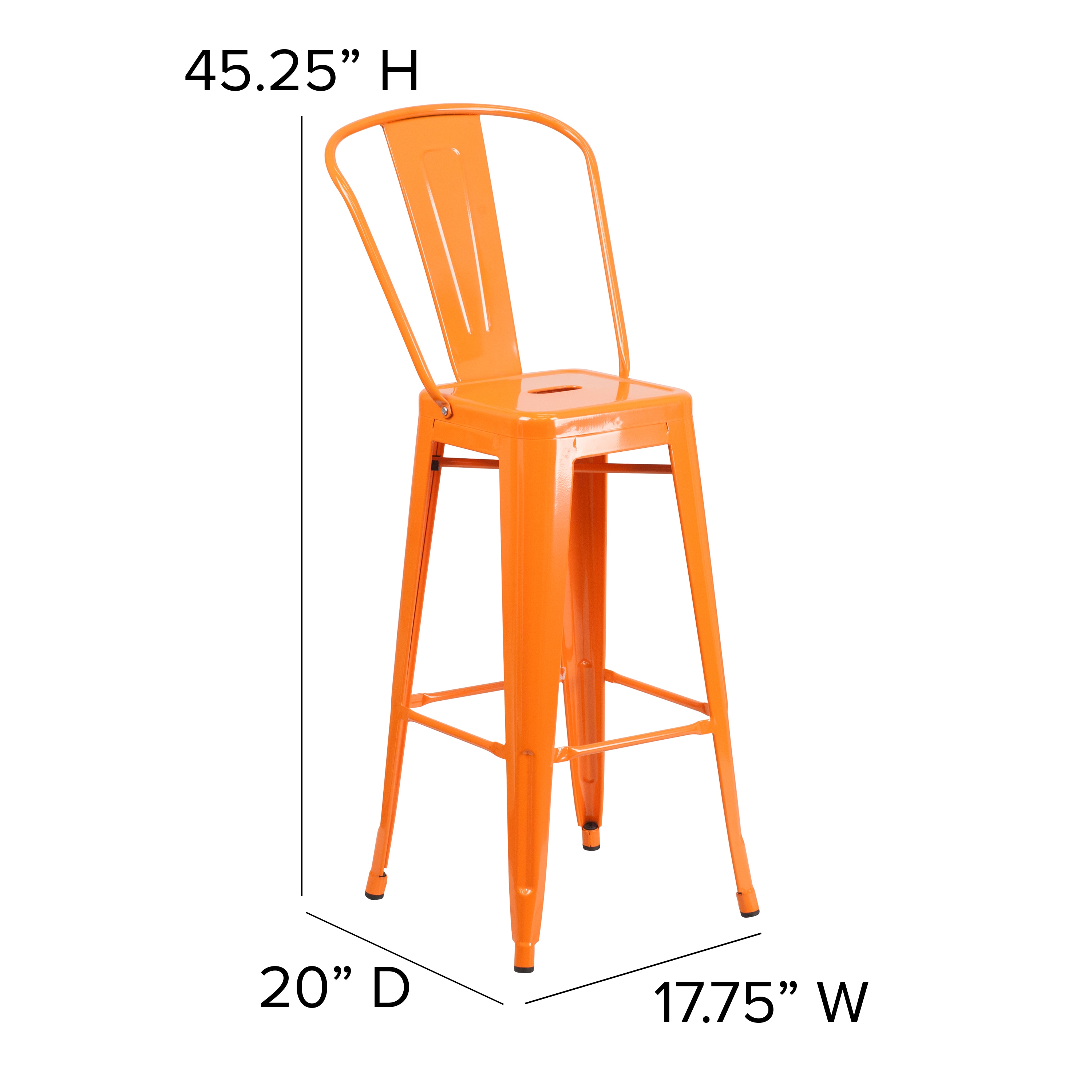 Bright Orange Metal 30" High Indoor-Outdoor Barstool with Slat Back