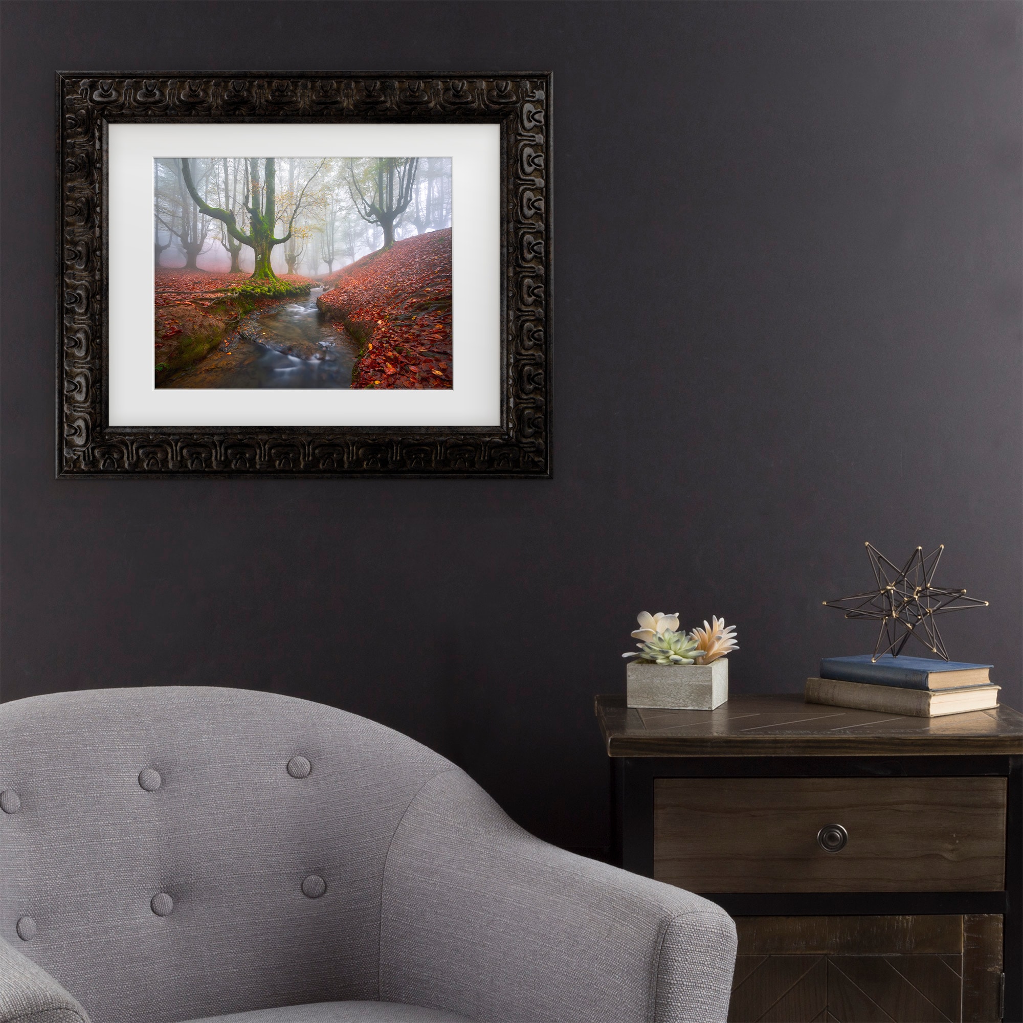 Trademark Fine Art 1X10030-DG1114MF Misty Morning In Otzarreta Jess M. Garcia Dark Gold Frame Wood Framed 11-in H x 14-in W Modern Canvas Print