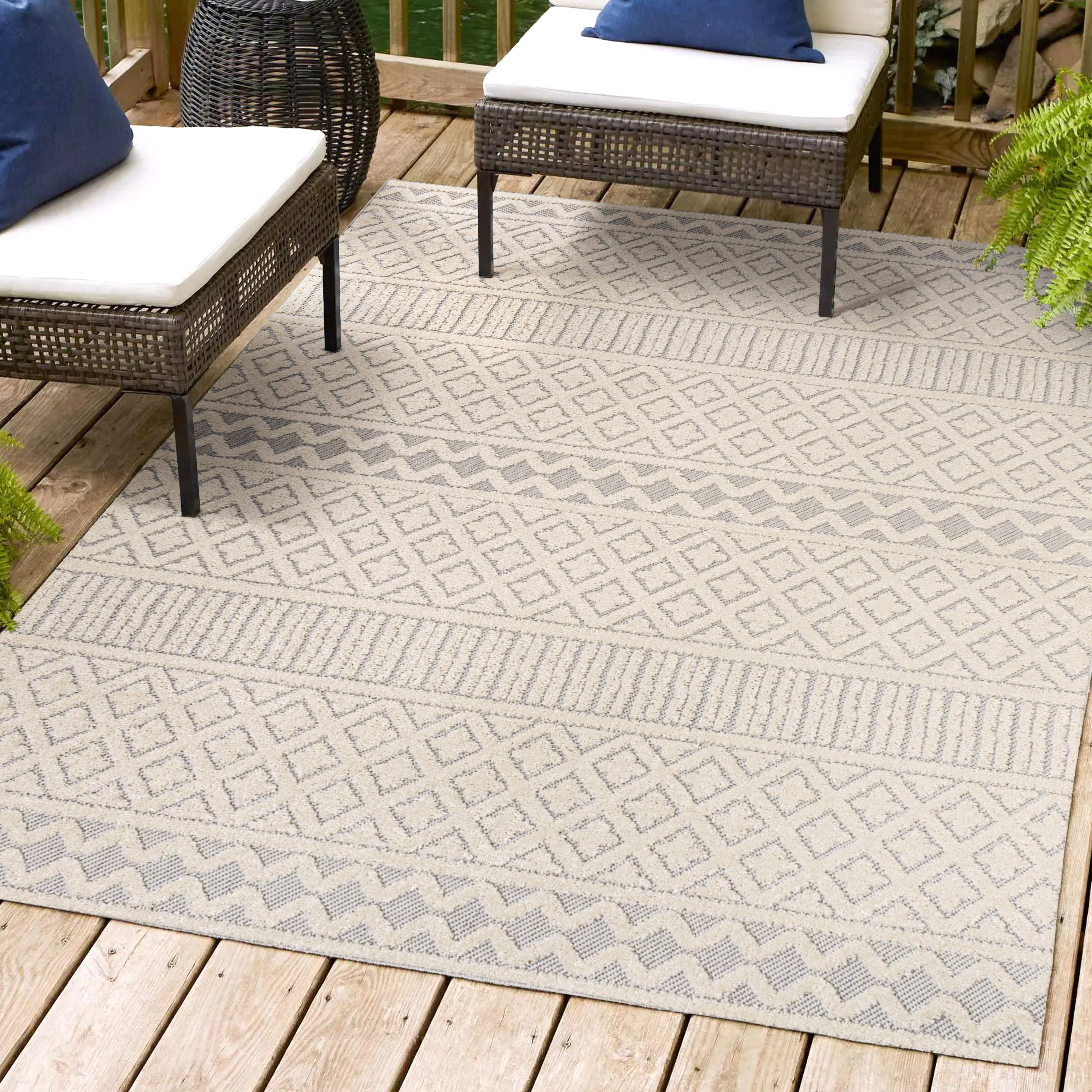 JONATHAN  Y SBH109A-8 South Beach Ormond High-Low 8 x 10 (ft) Loomed Polypropylene Cream/Gray Rectangular Indoor/Outdoor Geometric Moroccan Area rug