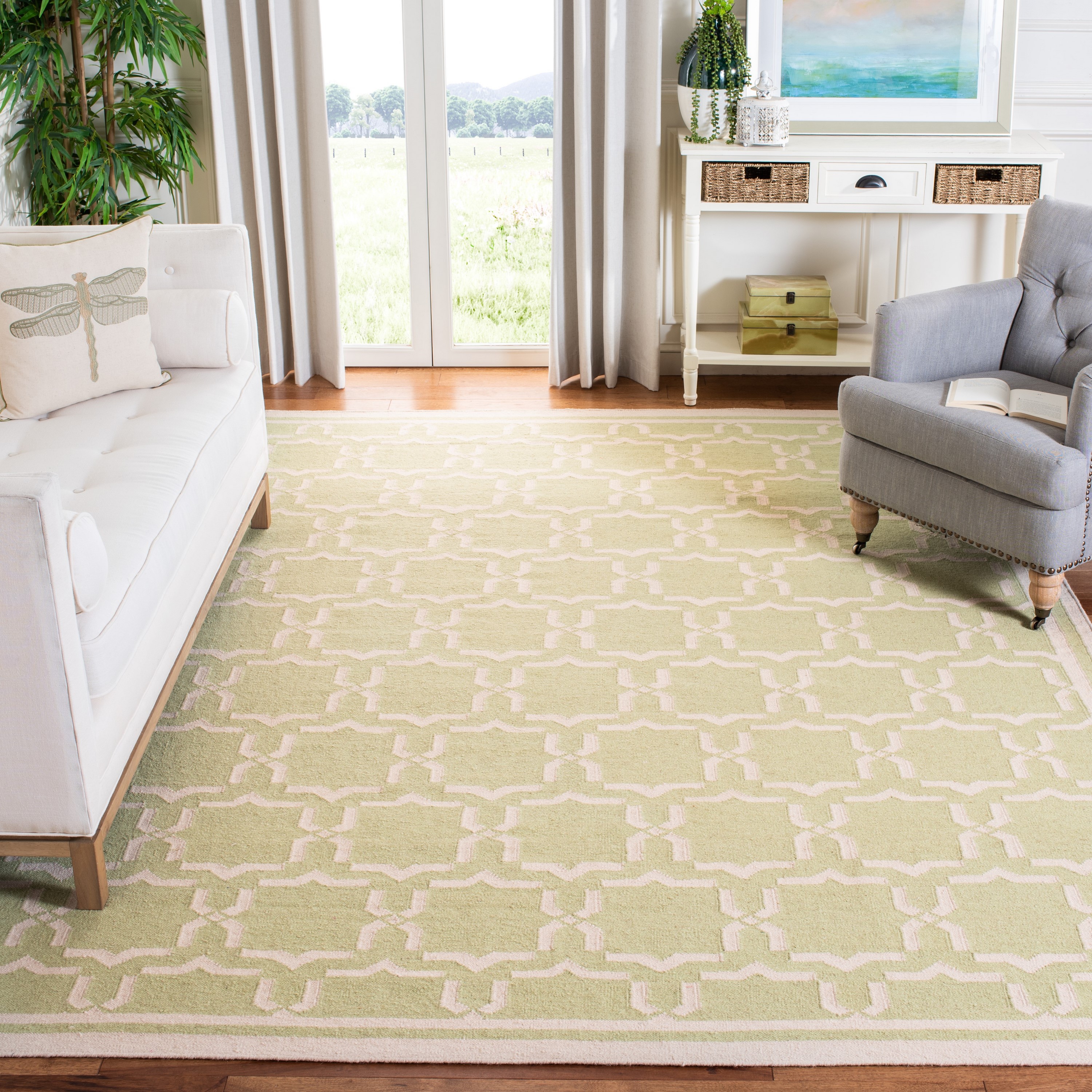 Safavieh DHU545C-9 Dhurries Talia 9 x 12 (ft) Wool Light Green/Ivory Rectangular Indoor Geometric Coastal Area rug