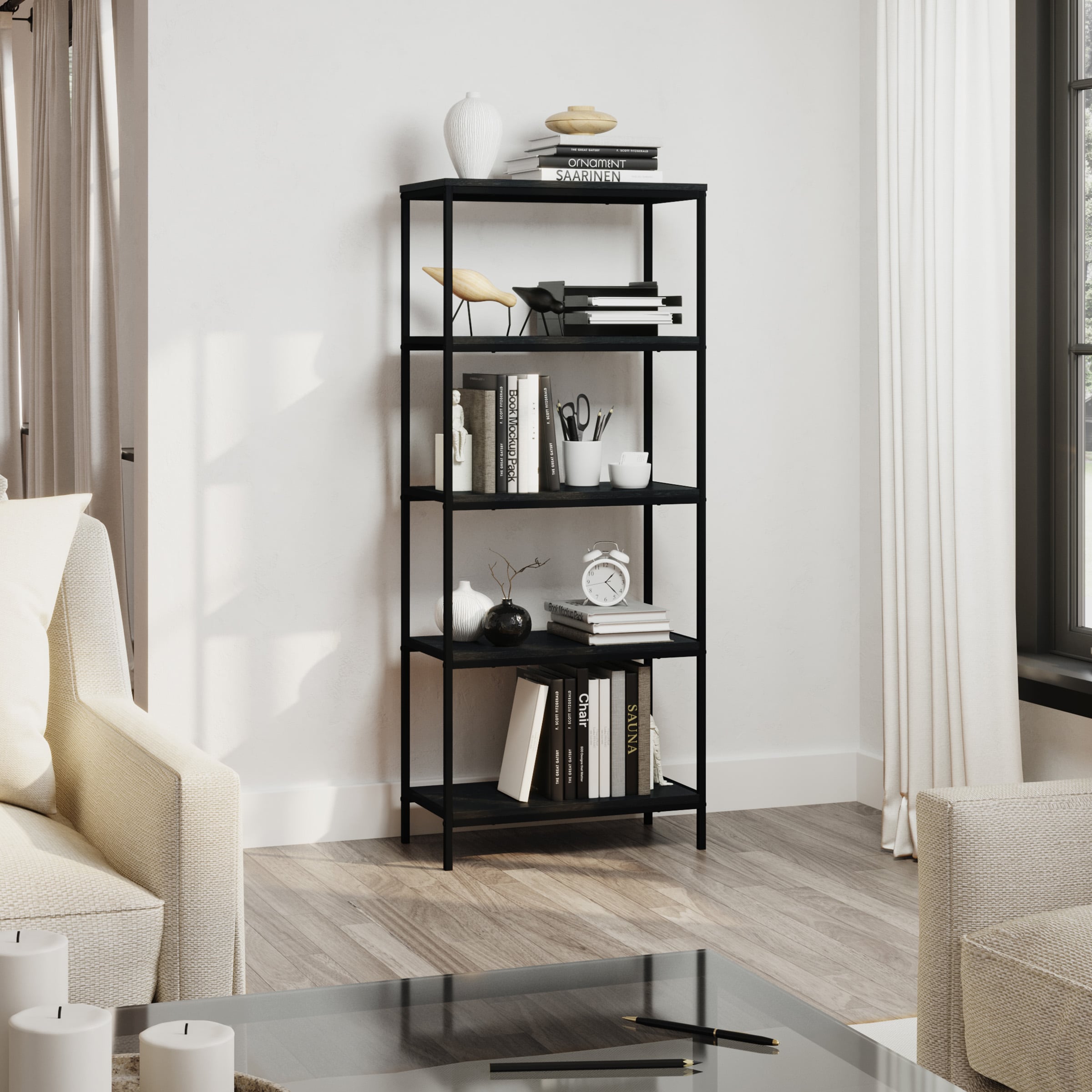Industrial 59" Black Woodgrain 5-Tier Bookshelf for Chic Display
