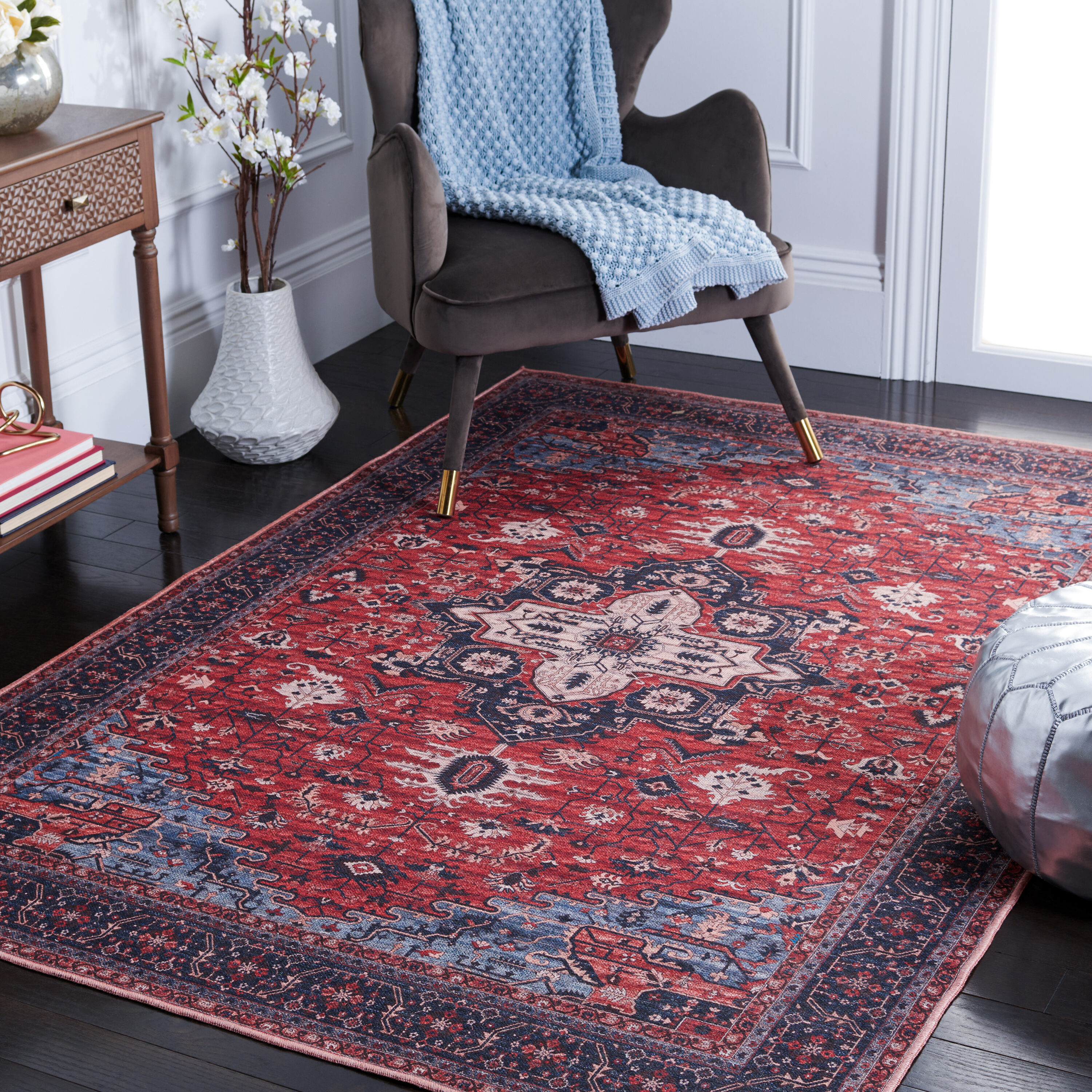 Serapi Red and Navy Square Viscose Area Rug