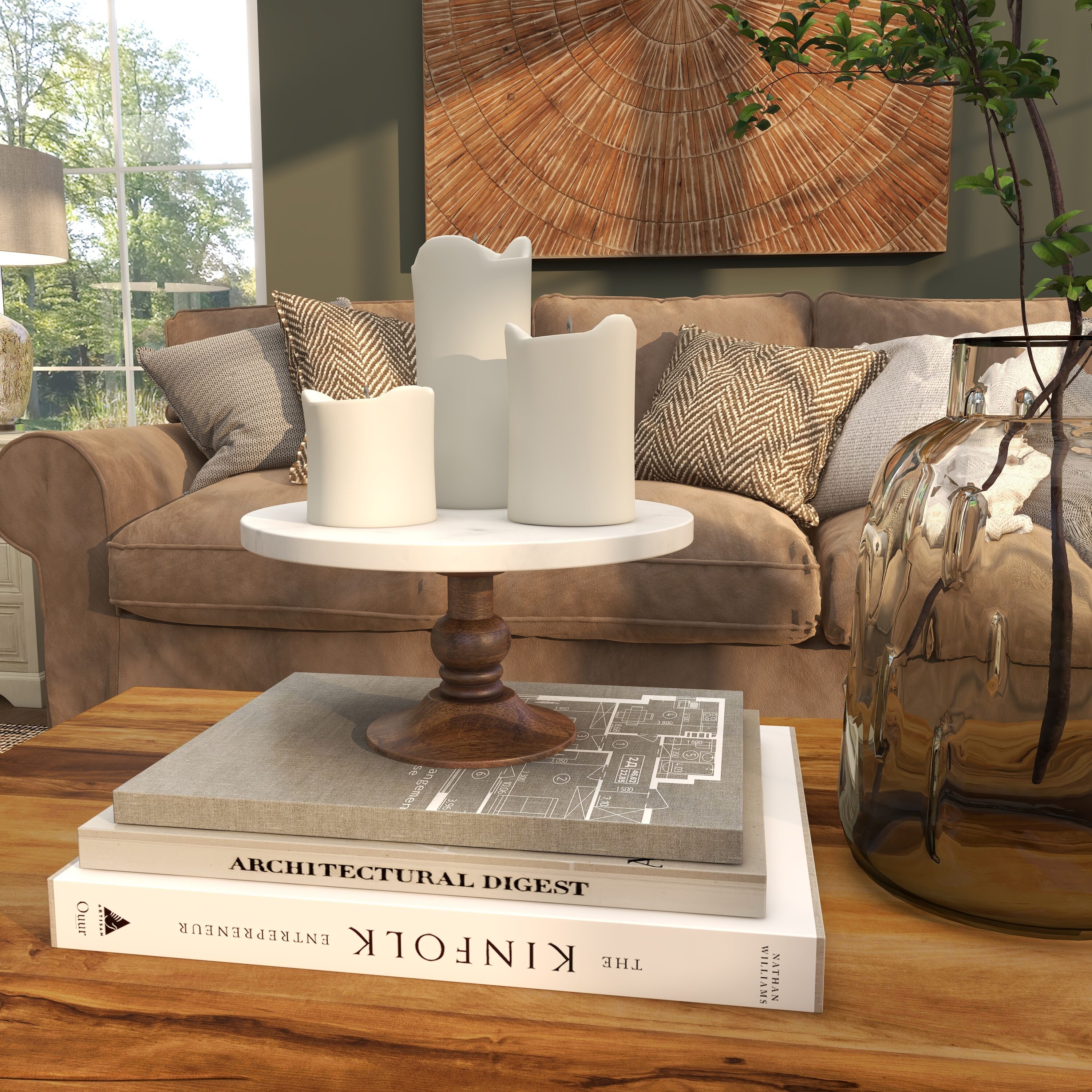White Marble and Brown Wood Cake Stand, 10" x 5"