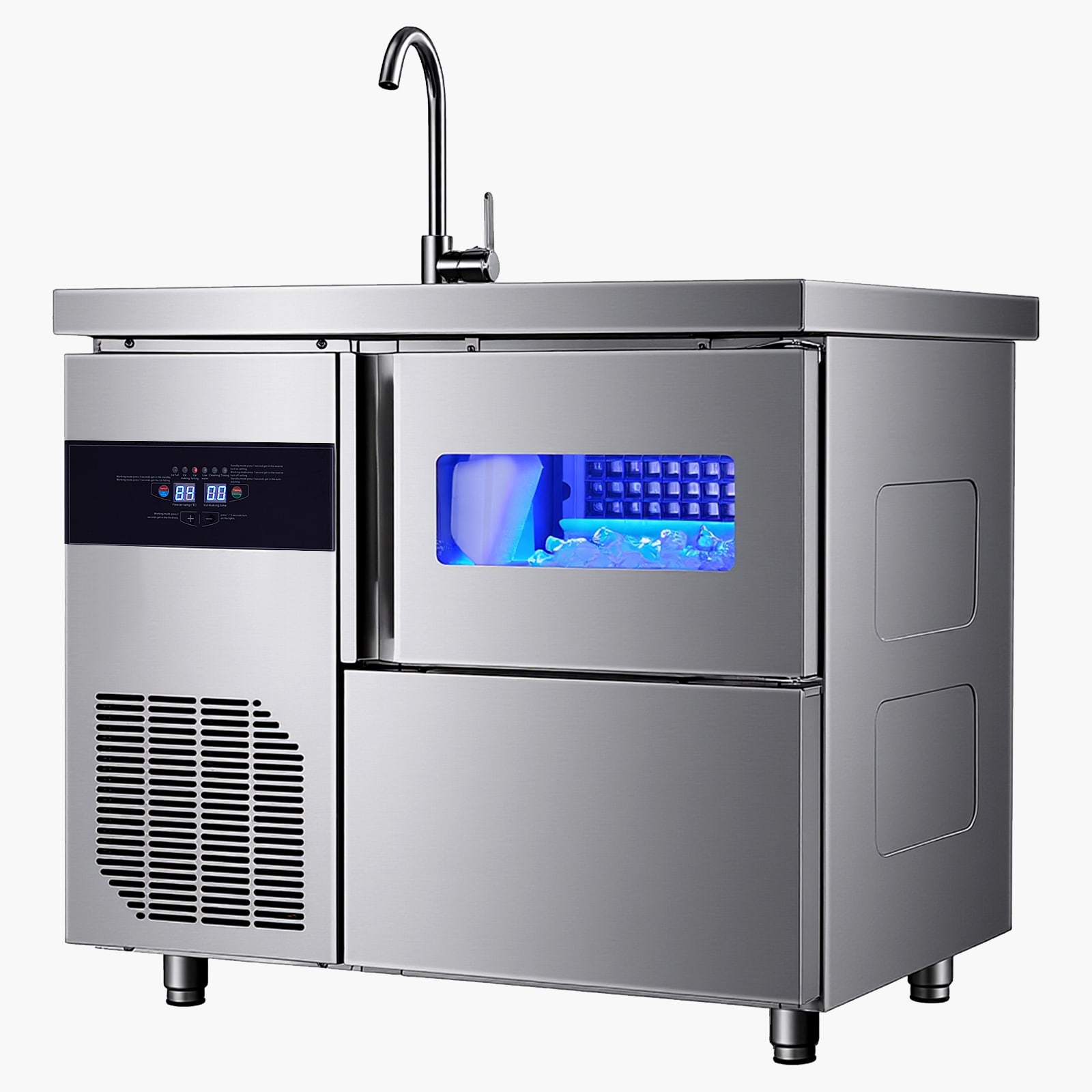VEVOR SCGZTZBJZJ1308808V1 Commercial Ice Maker Machine  132 lbs/24H Stainless Steel Worktop Ice Machine with Sink  30 lbs Storage and 70 Cubes/Cycle  Self-Cleaning Freestanding Ice-Making for Home Bar Restaurant Kitchen