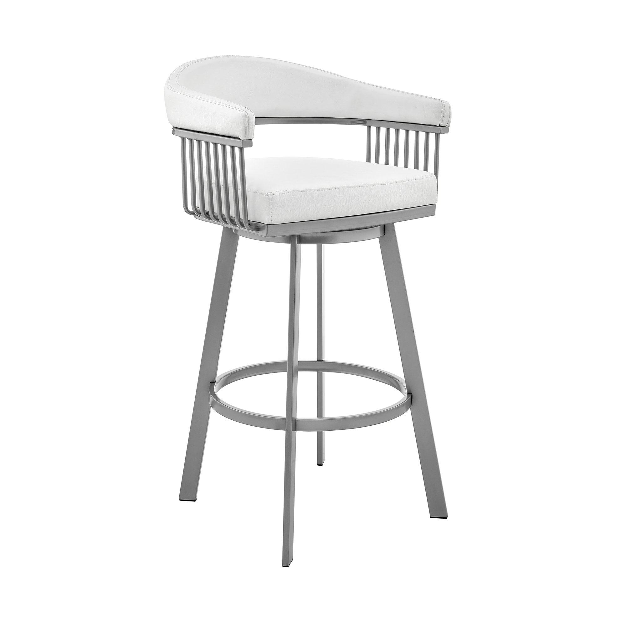 Armen Living 721535761906 Bronson White/silver 25.0-in H Counter height Bucket seat Upholstered Swivel Metal Bar Stool with Arms and Back