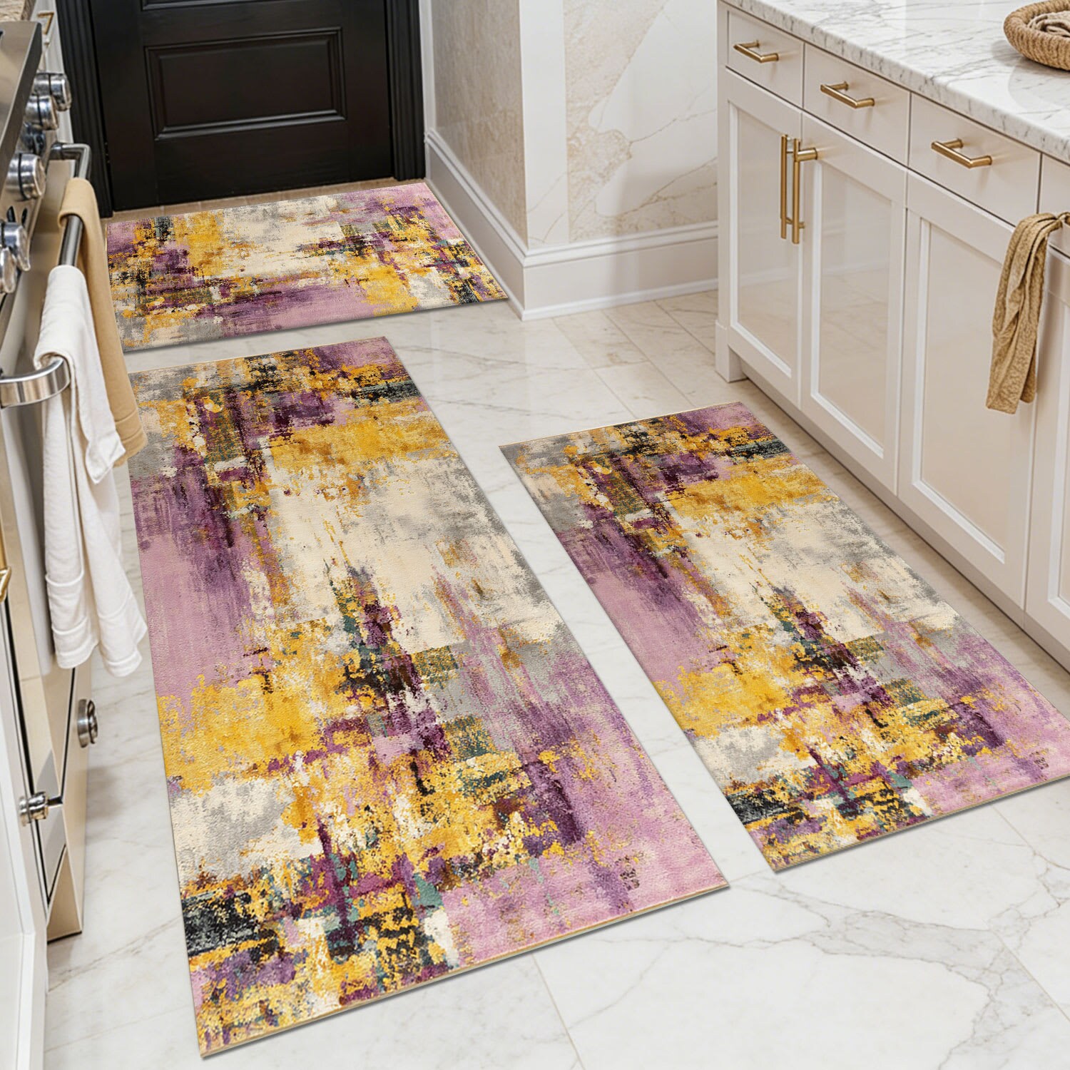 TOBILI  20 X 32in 20 X 47in 20 X 60in Faux Cashmere Purple Yellow Rectangular Indoor Abstract Distressed Non Slip Washable Pet Friendly Rug Set of 3 Piece