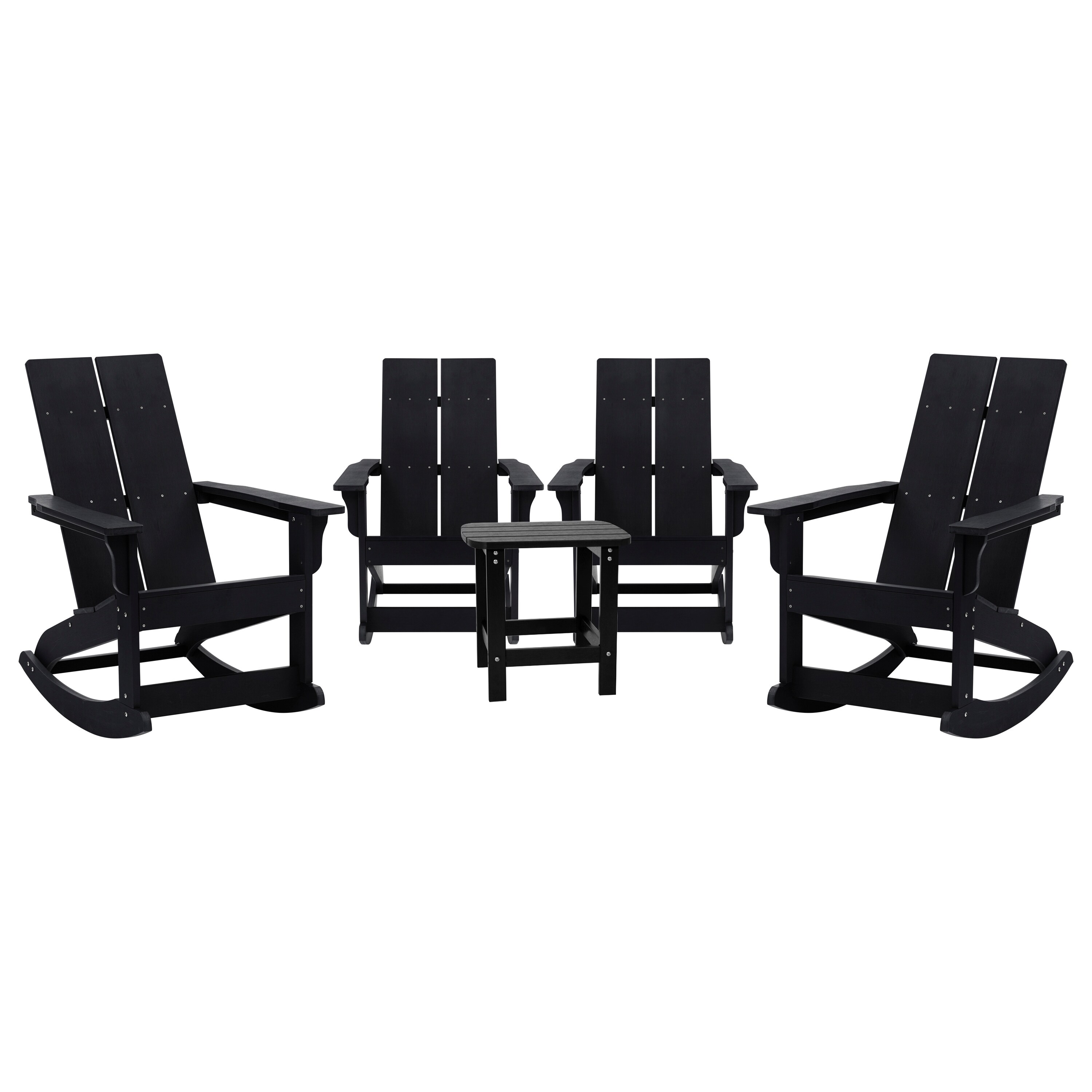 Flash Furniture 196861002625 Set of 4 Black Finn Modern Commercial Grade All-Weather 2-Slat Poly Resin Rocking Adirondack Chairs with Matching Side Table
