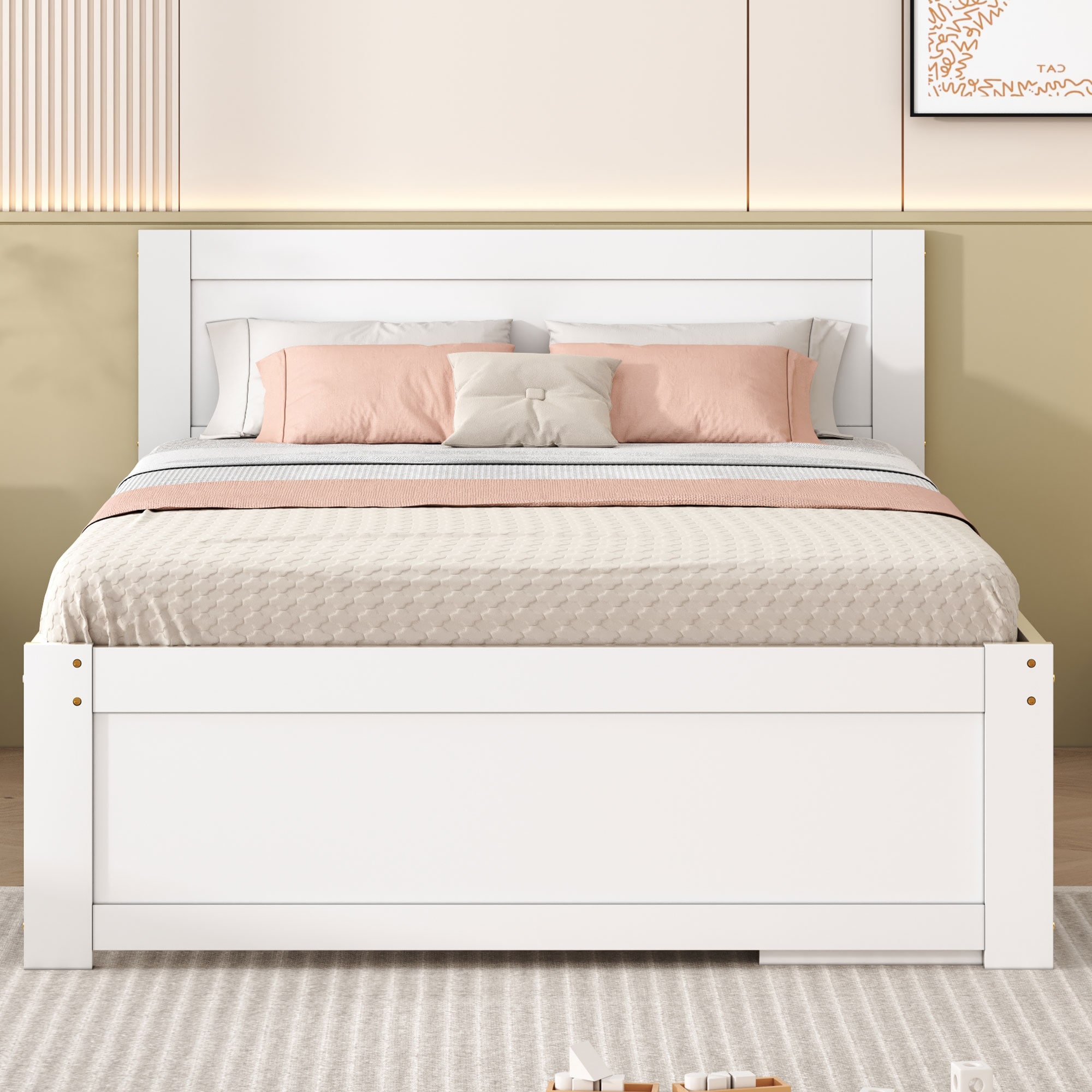 JIMSMAISON JMWMFB17W Antique White Full Wood Platform Bed with Storage