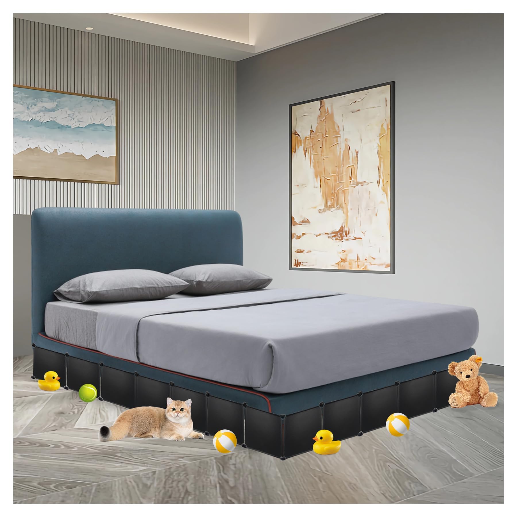 Ahfiwaso 14 pack under bed and couch blocker for pets and toys 166 inch length 11 8 inch height includes connectors sticky tape zip ties black