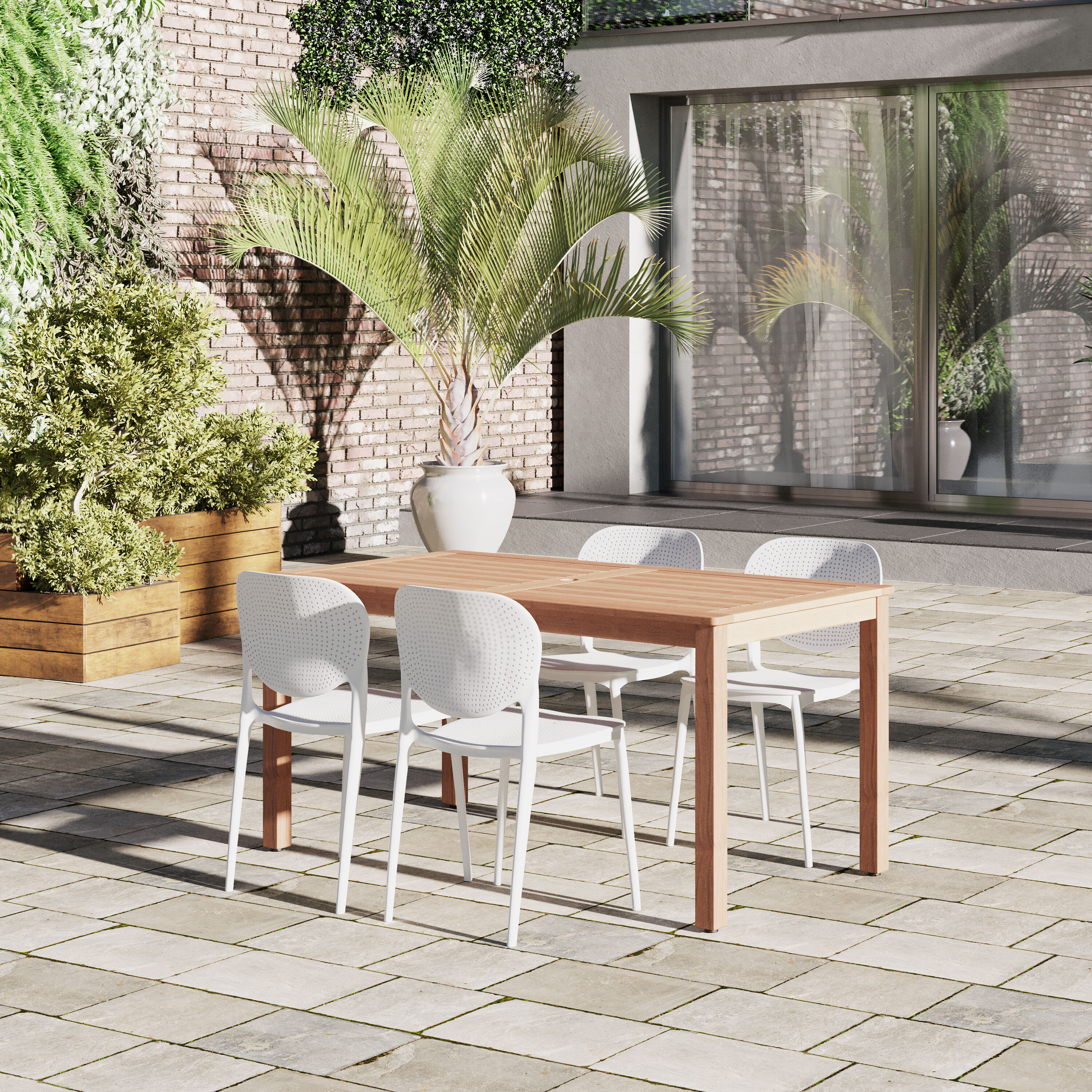 Amazonia LWS ORL-4ISAARM WT  5 -Piece Patio Dining Set Wood Rectangle Table with 4 Stackable Stationary Chairs
