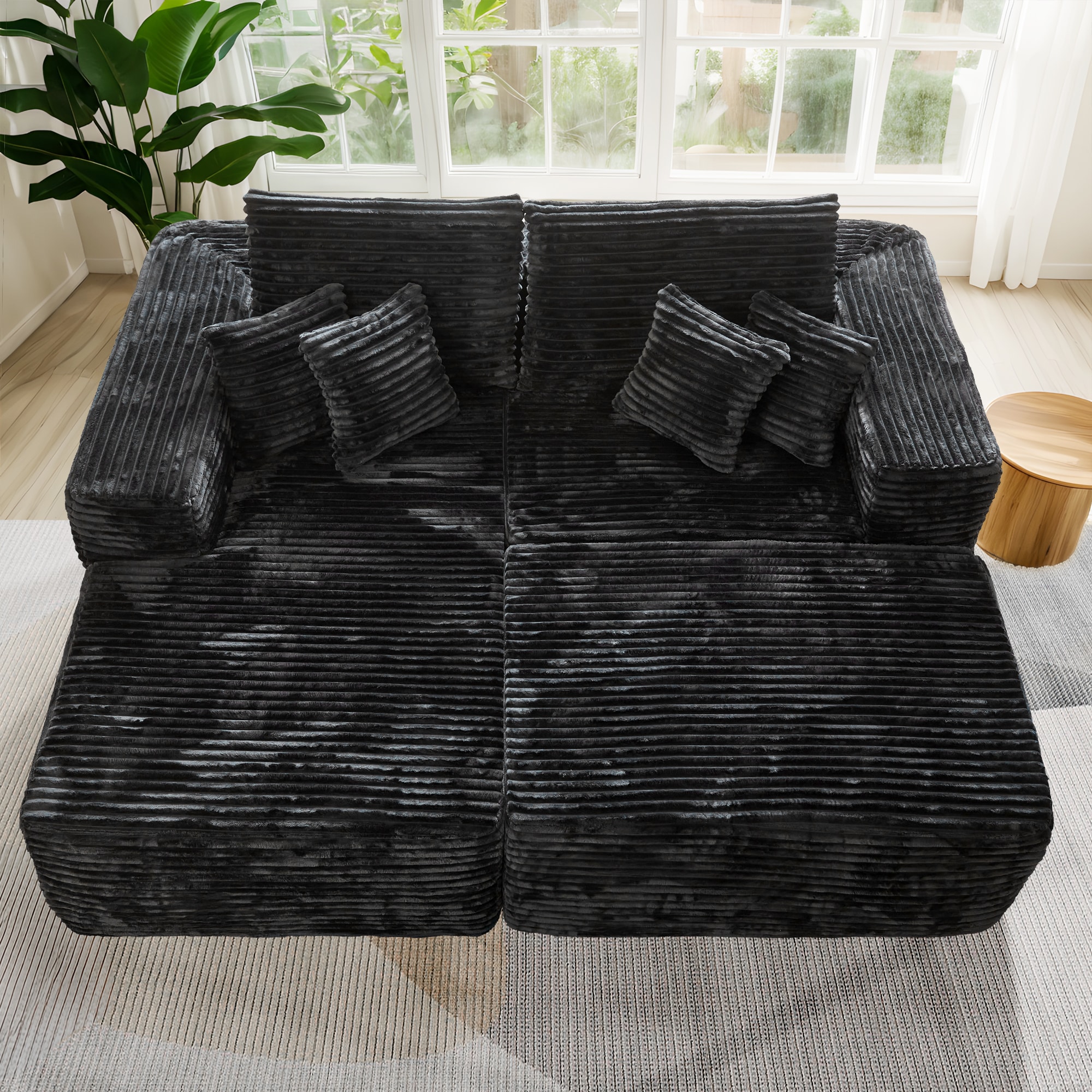 Pouuin SMOMO-430L 79.92-in Modern Black Plush Corduroy 2 -seater Sectional
