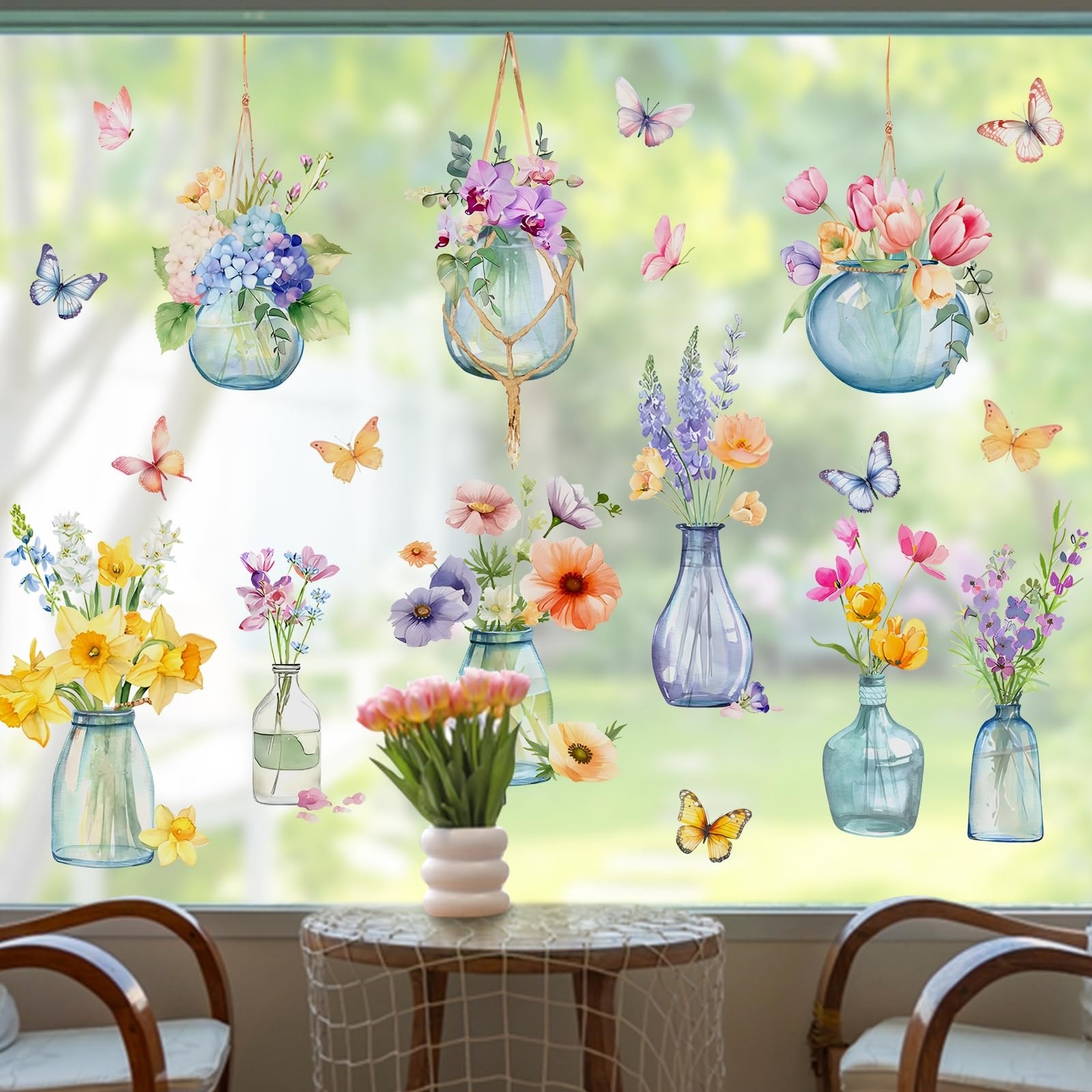 LAIFUCAM  Spring Summer Flowers Window Clings 4 Sheet Set Potted Plant Butterfly Decals Seasonal Home Kitchen Glass Decor Double Sided Static