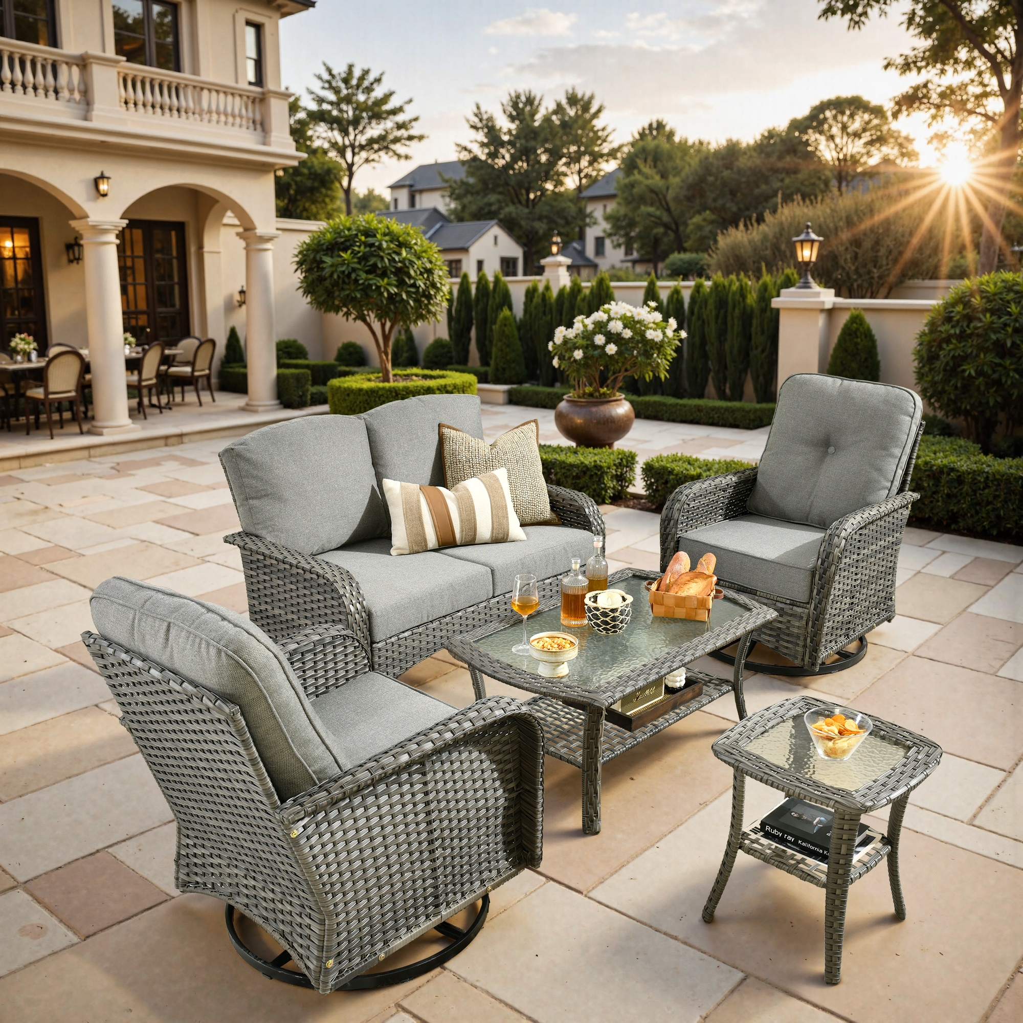 weaxty HMBYZGNCGNDS200S51 Initial 5 -Piece Wicker Patio Conversation Set with Gray Cushions