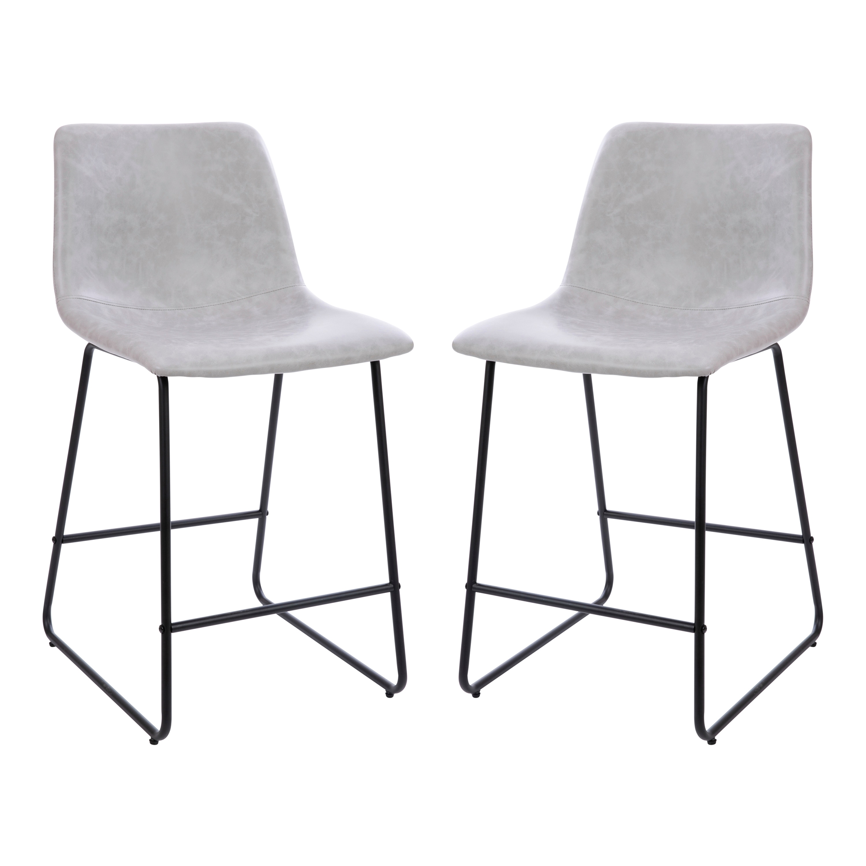 Adjustable Light Gray Leather & Metal Dining Stools, Set of 2
