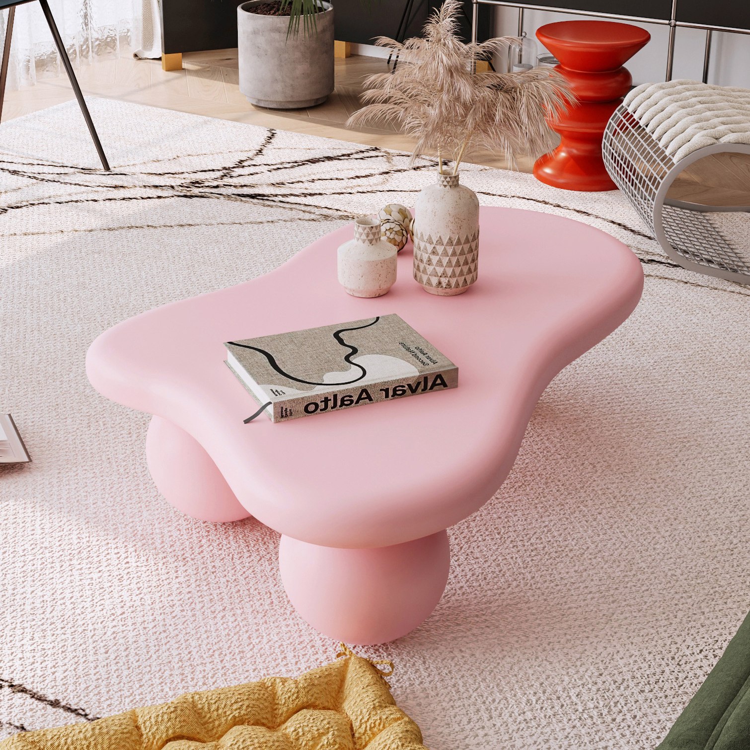 chillscreamni Soft Pink Cloud-Shaped Coffee Table 47 Inch Low Profile ...
