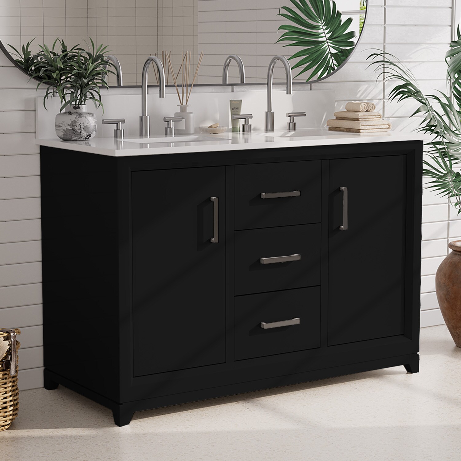 VOUA SAF-DXDRZJ4-DG 48-in Black Double Sink Bathroom Vanity with White Ceramic Top