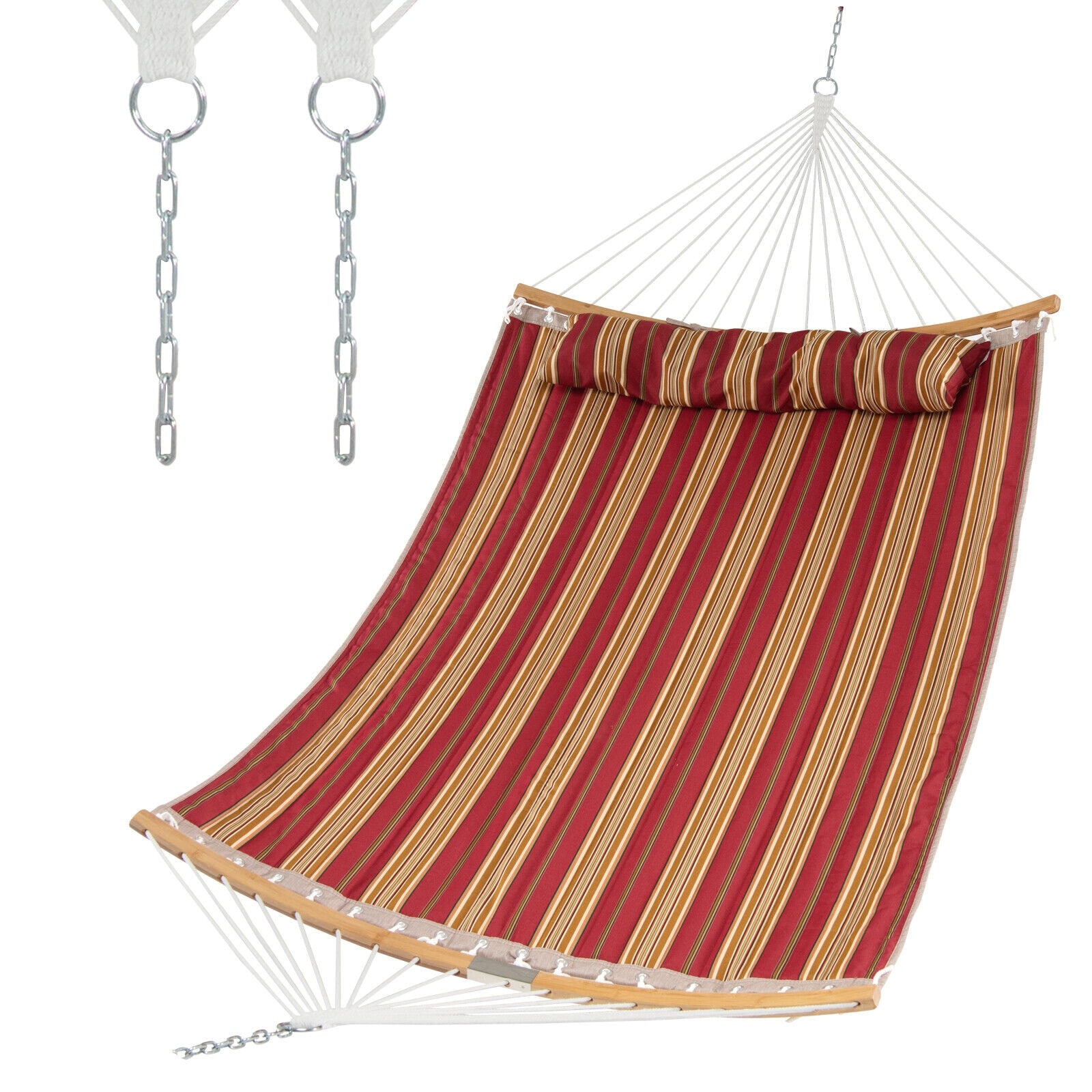Slickblue D-CO-ER85401PN Double Hammock with Curved Bamboo Spreader Bars - Outdoor Blue/Red and White Stripe Modern 2-Person Hammock (Stand Not Included) – Detachable Pillow Fade-Resistant Fabric for Patio or Backyard