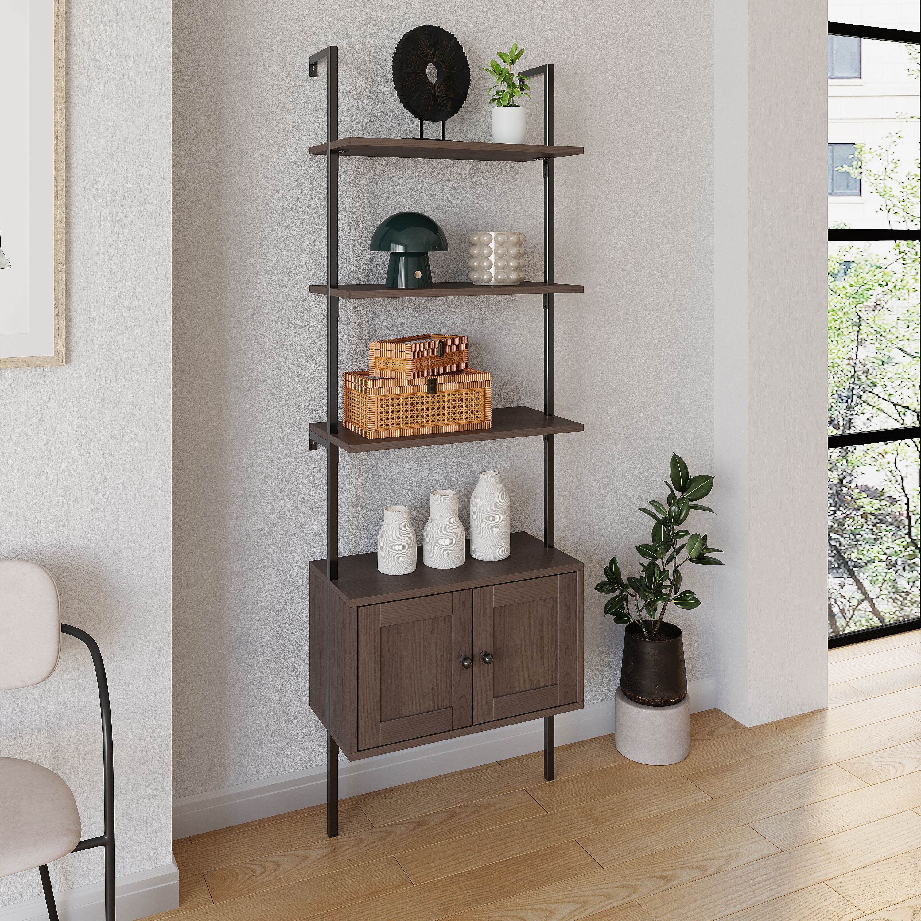 happimess MSH1002C 23.62-Inches L x 13.78-Inches D x 72.05-Inches H Brown/Black MDF Rectangular Tiered shelf 3 Decorative Shelves