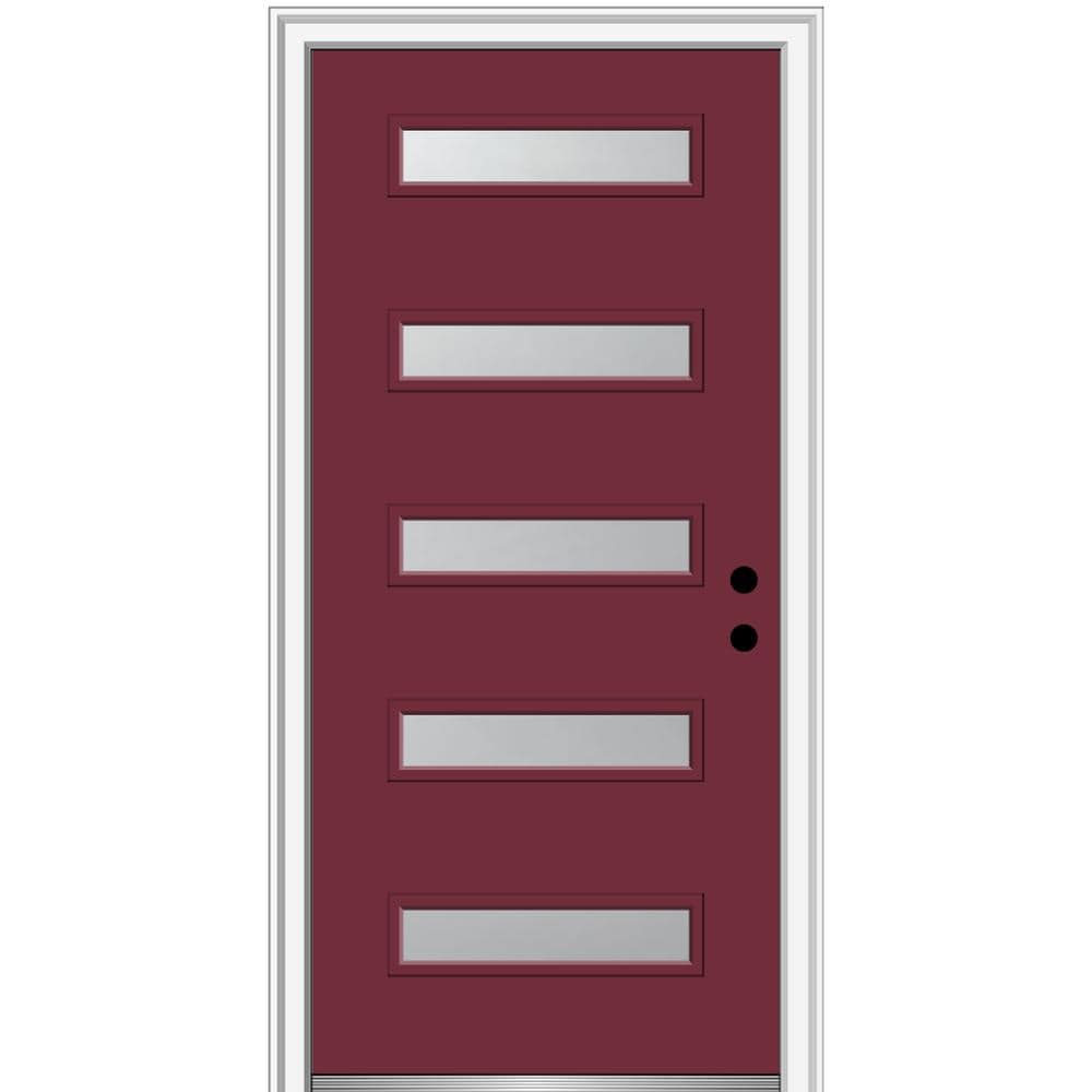 MMI DOOR ZZ347817L Spotlights 32-in x 80-in x 4-9/16-in Fiberglass Pulse lite Left-hand inswing Burgundy Painted Prehung Front Door with Brickmould Insulating core