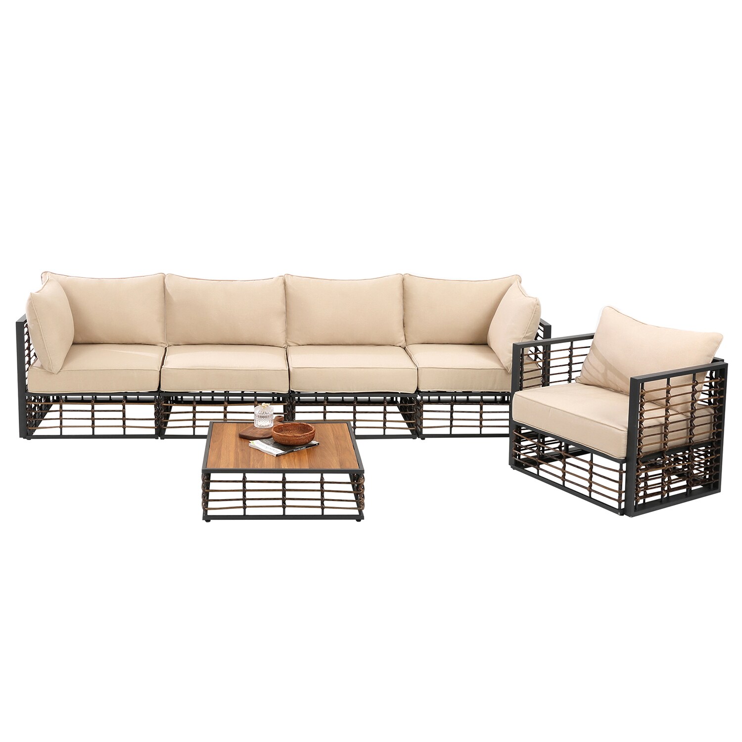 SINOFURN SYA020107BN 6-Piece Wicker Patio Conversation Set with Brown Cushions