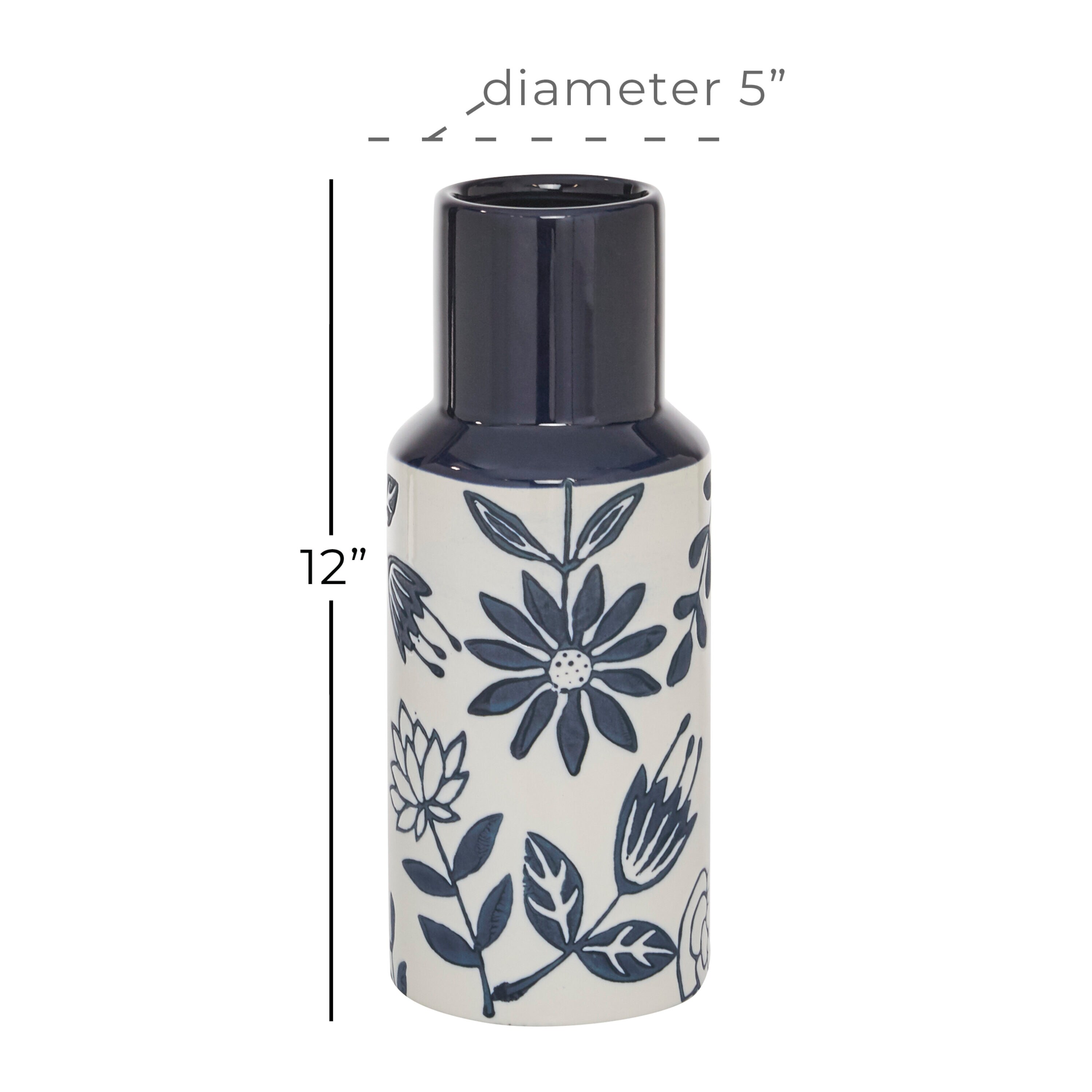 Modern French Country 12" Navy Blue and White Ceramic Table Vase