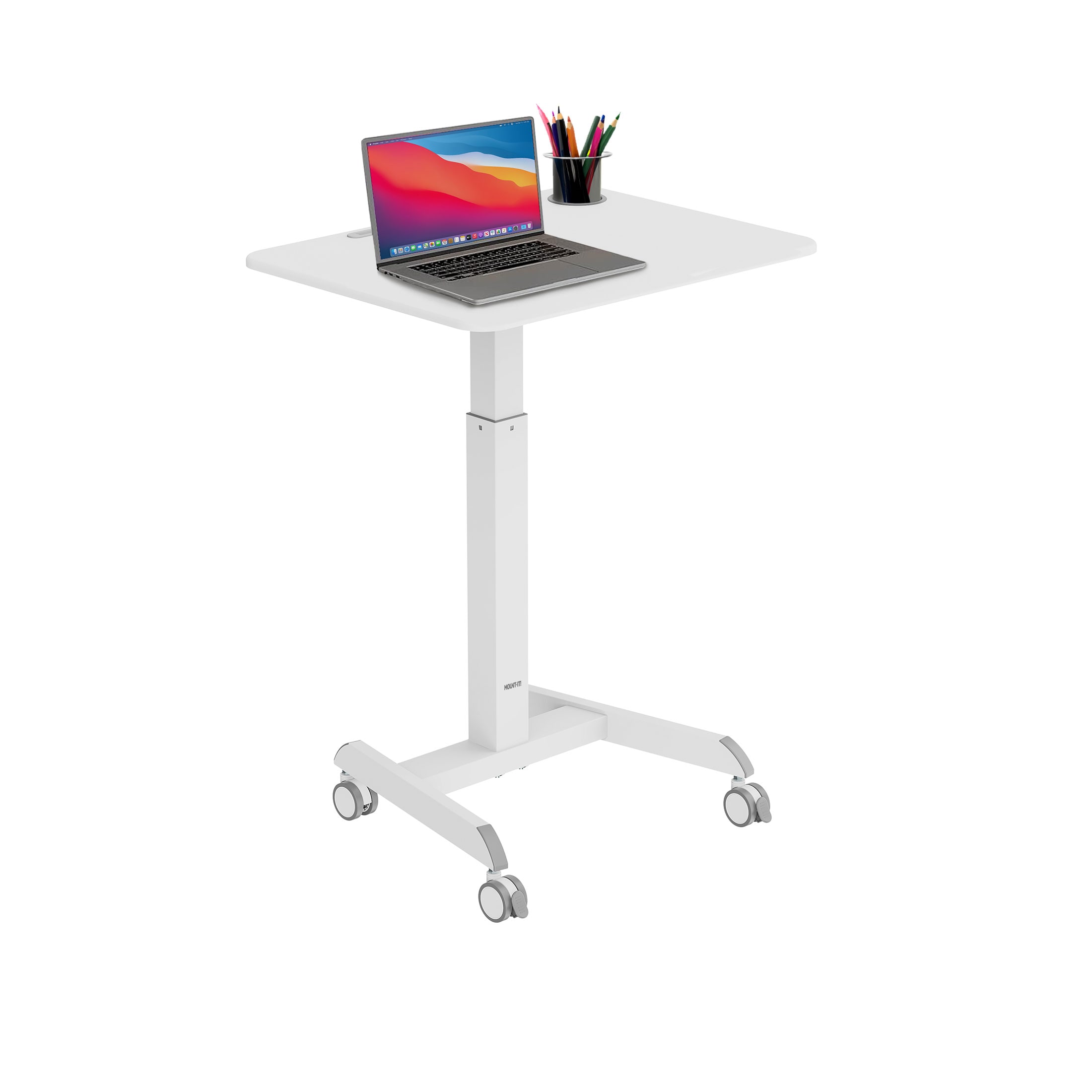 White Adjustable Height Mobile Laptop Cart with Cup Holder
