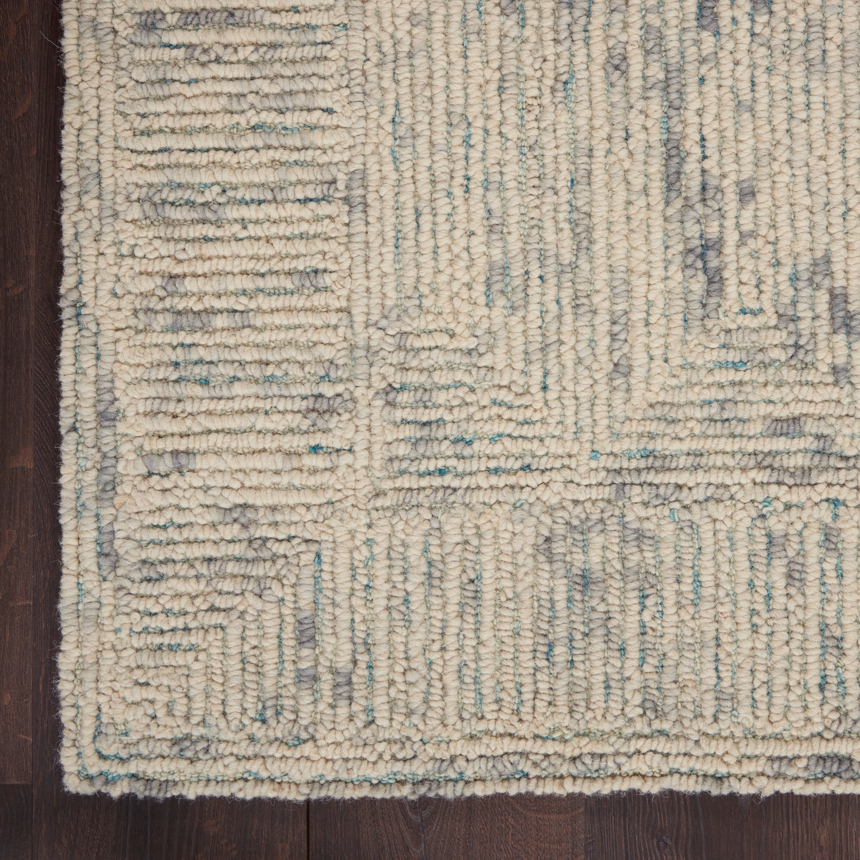 Handmade Ivory, Grey, and Teal Wool Area Rug 5' x 7'