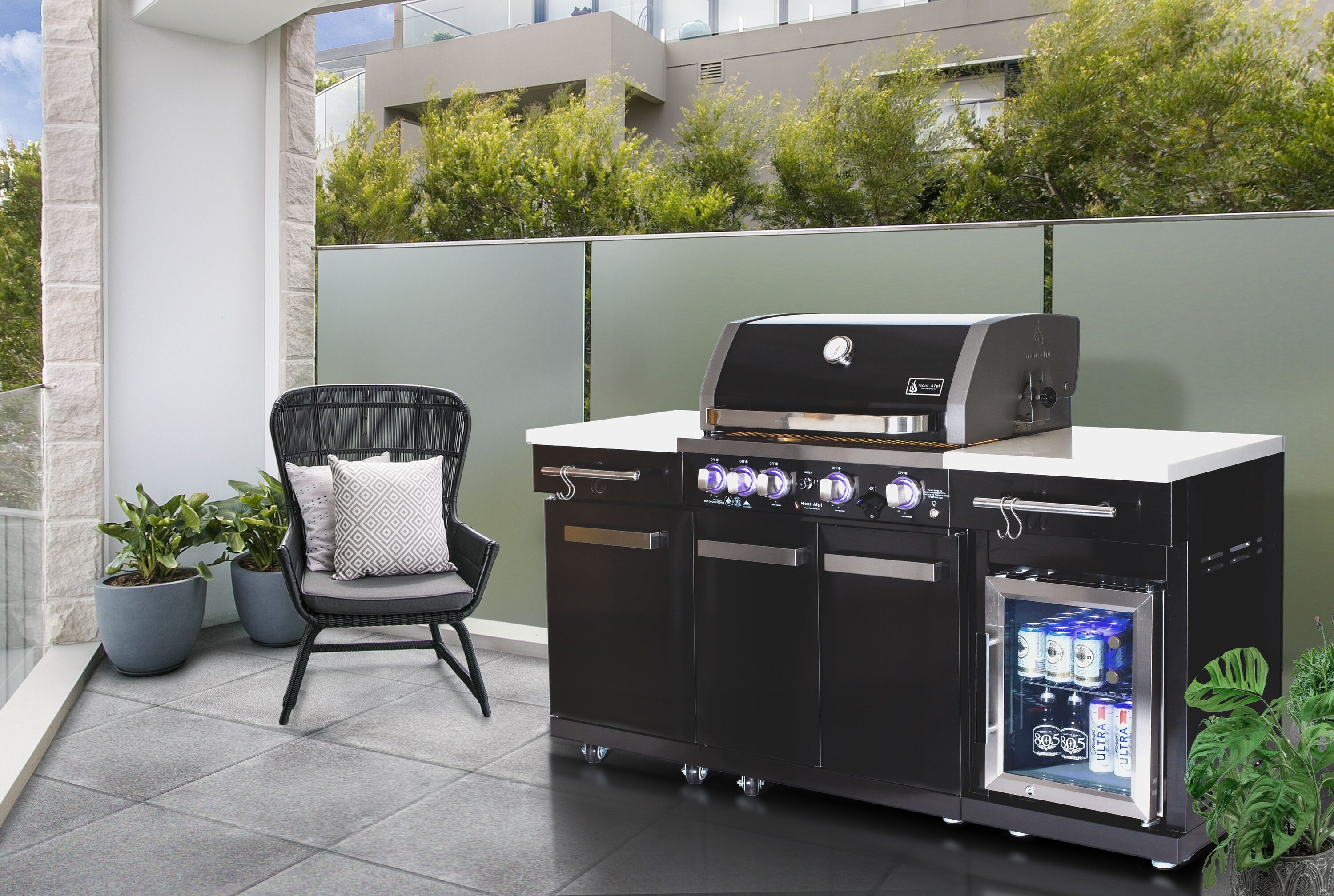 Mont Alpi Black Stainless Steel 5-Burner Outdoor Kitchen Island Grill with Rotisserie