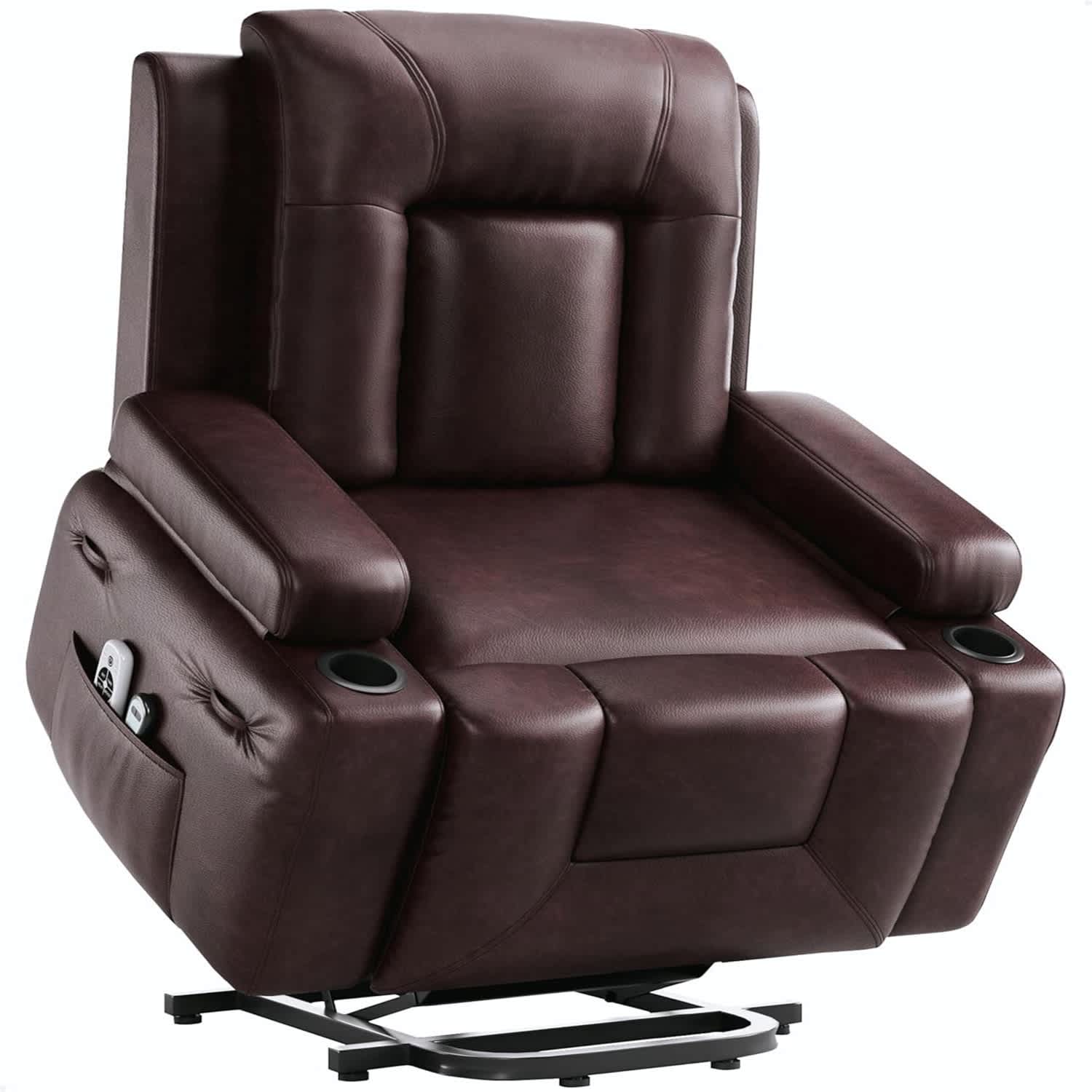 Qeetex LSHQPHK-34M7SDV5 27 Inch Oversized PU Leather  Power Lift Recliner Chair - Heat and MassageClaret (Cup Holder Style)