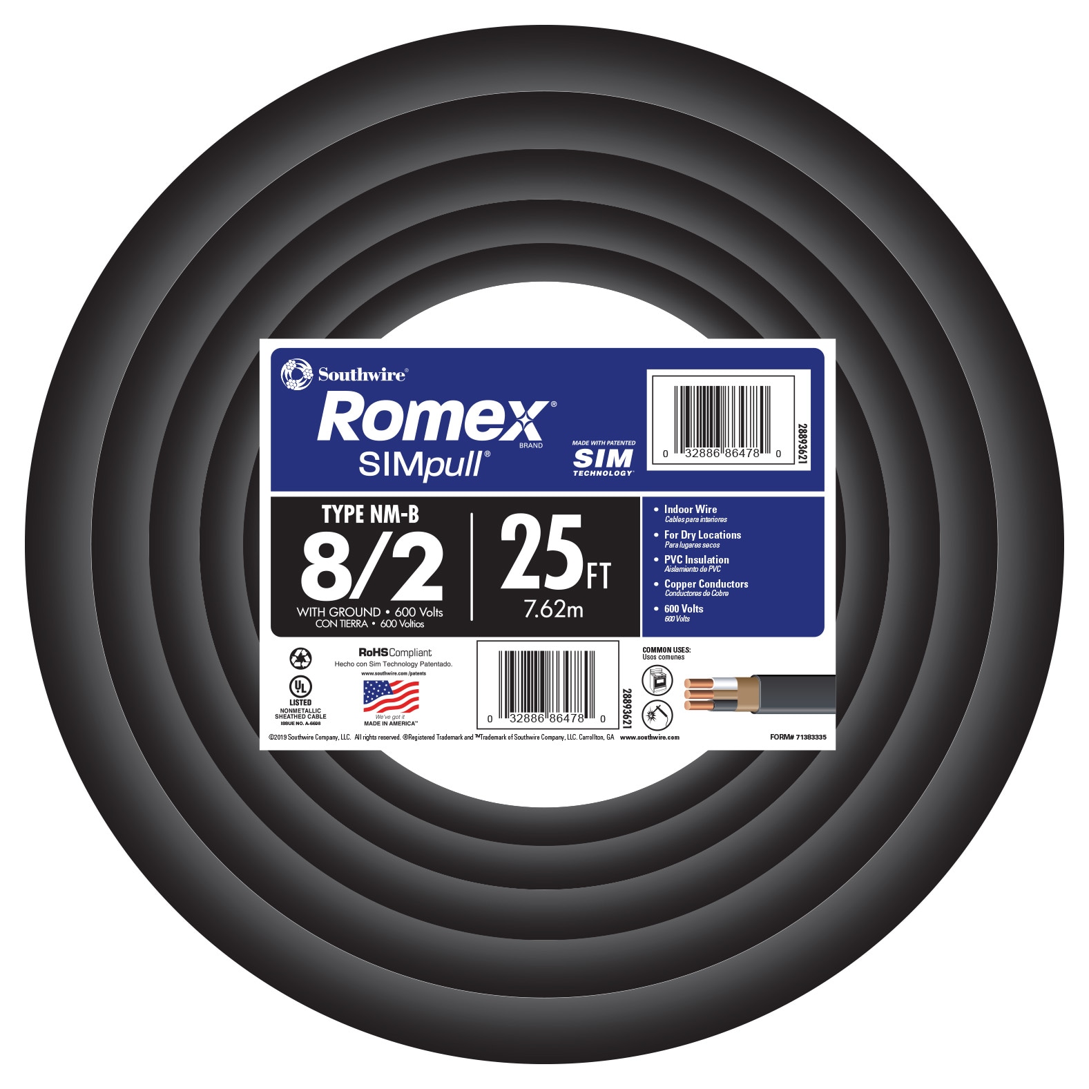 Southwire 25-ft 8/2 Romex SIMpull Stranded Indoor CU NM-B W/G Individual Pack (By-the-roll)