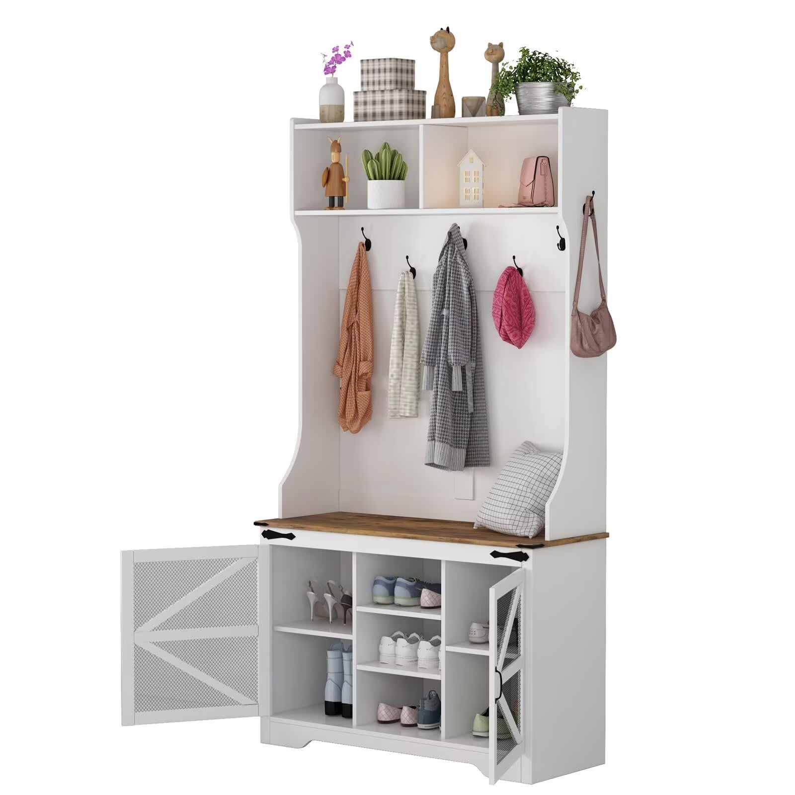 Qeetex JXNAG-PHO-14O2U65K Hall Tree with Shoe Storage 4-in-1 Coat Rack with 7 Shoe Cubbies and 7 Coat Hooks Farmhouse Entryway Bench Mudroom Storage Cabinet for Hallway