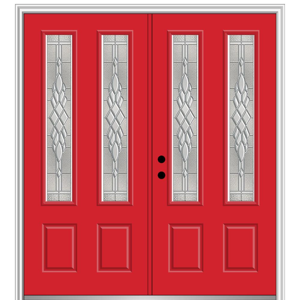 MMI DOOR ZZ365631R 72-in x 80-in x 4-9/16-in Fiberglass Twin lite Right-hand inswing Red Saffron Painted Prehung Double Front Door with Brickmould Insulating core