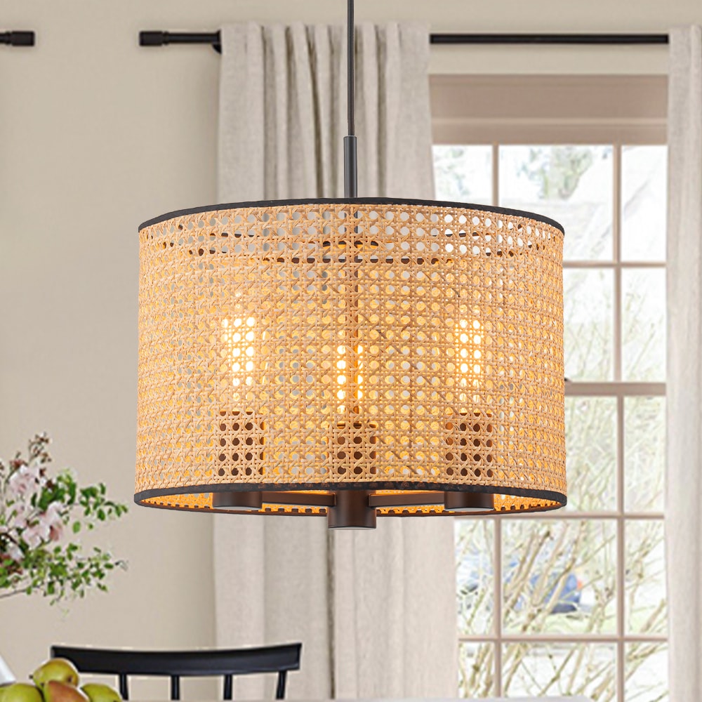 Wonderindoor - 3 -Light Matte Black Bohemian/global Rattan Cylinder Small Hanging Pendant Light