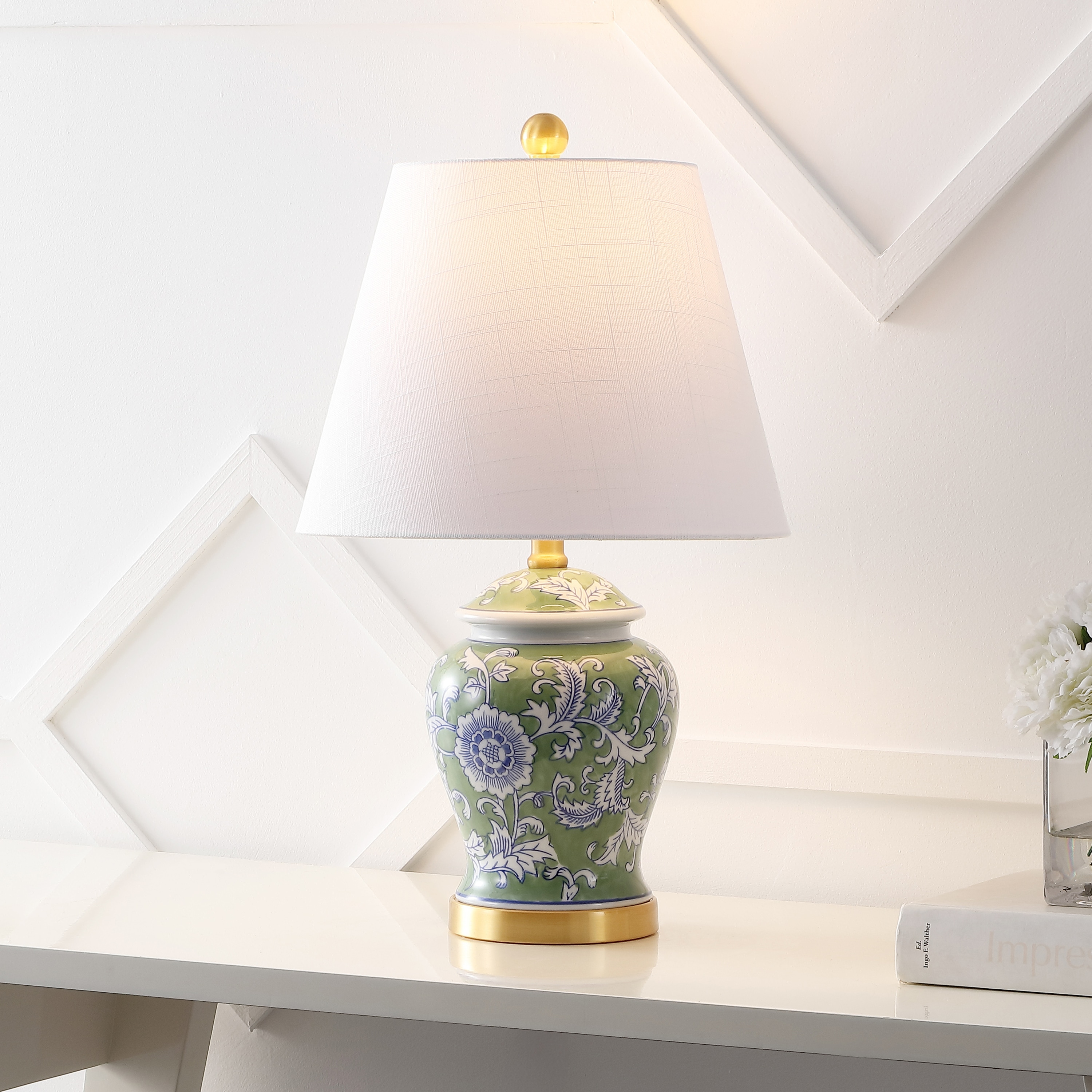 JONATHAN  Y JYL3005E Penelope Chinoiserie Ginger Jar Floral Ceramic/Iron 22-in Green/White LED Rotary socket Table Lamp with Linen Shade