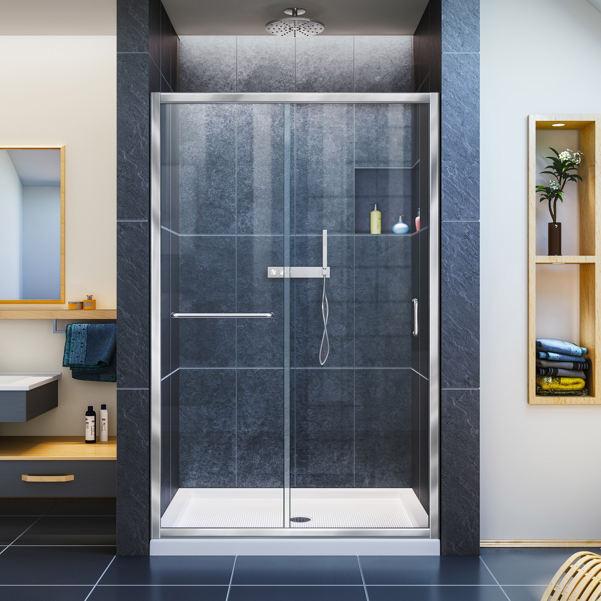 DreamLine SHDR-0948720-01 Infinity-Z Chrome 44-in to 48-in W x 72.0-in H Semi-frameless Sliding Shower door 1/4-in Thick Clear Glass