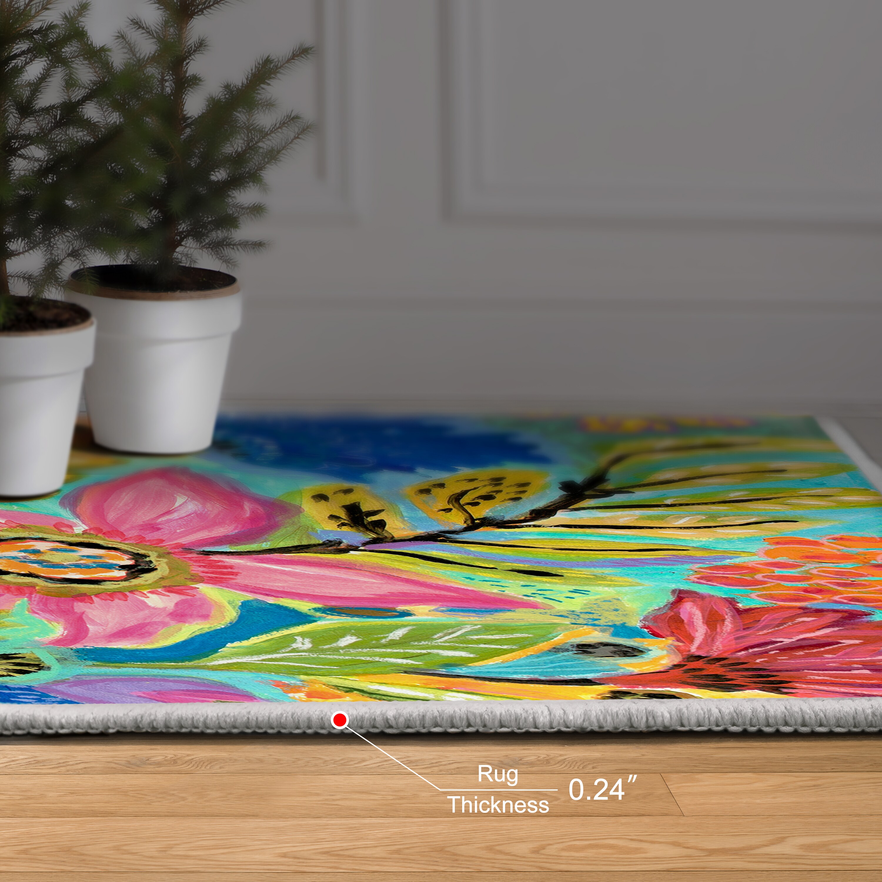 Secret Garden Blue Floral Washable Synthetic Area Rug 5' x 7'