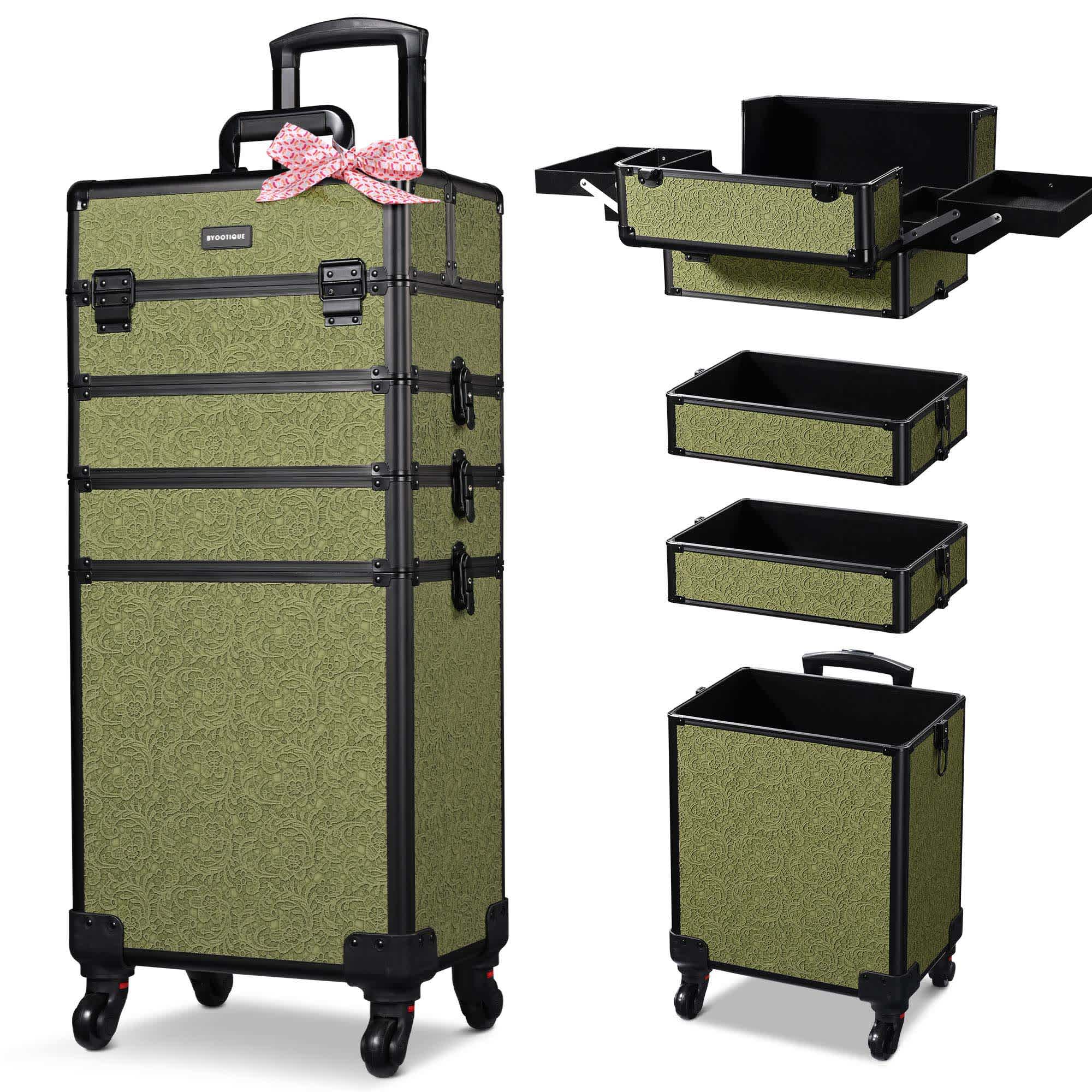 Yescom 12MKC028-C4WG-R04-LO Byootique 4in1 Rolling Makeup Train Case Cosmetic Organizer Wheel Rococo Moss