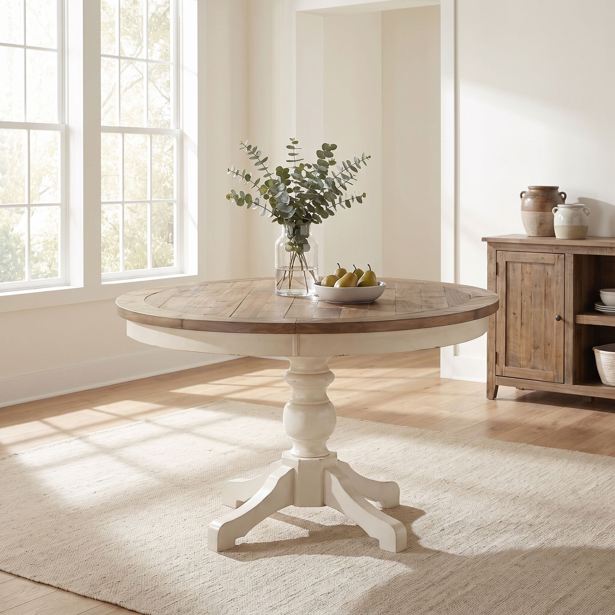 LauKingdom -  48 in Antique White Distressed Oak Round Dining Table Seats 4 Two Tone Pedestal Kit...