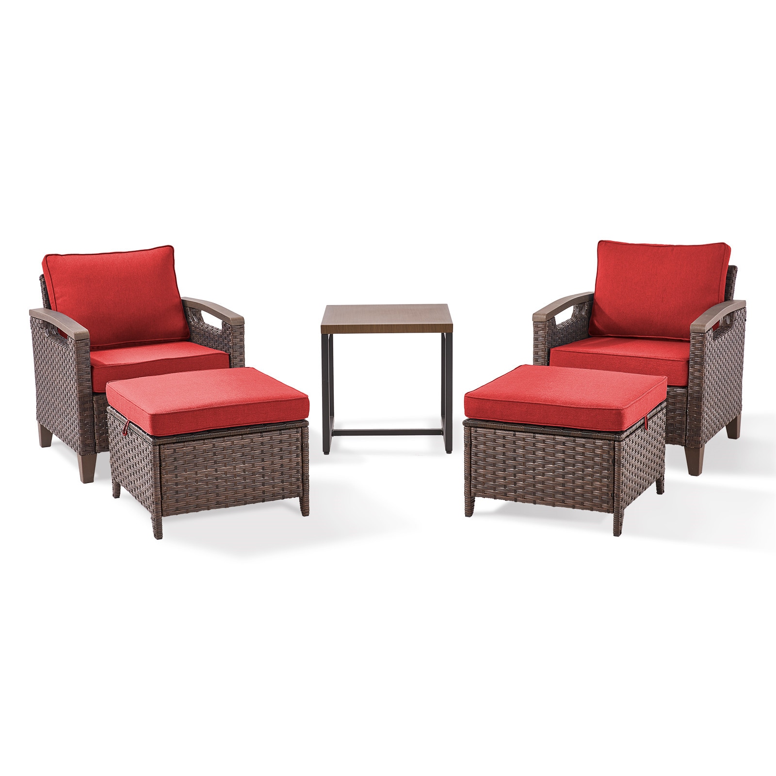 Rilyson FSAL11014123-5 Set of 2 Wicker Brown Stainless steel Frame Stationary Conversation Chair with Red Cushioned Seat