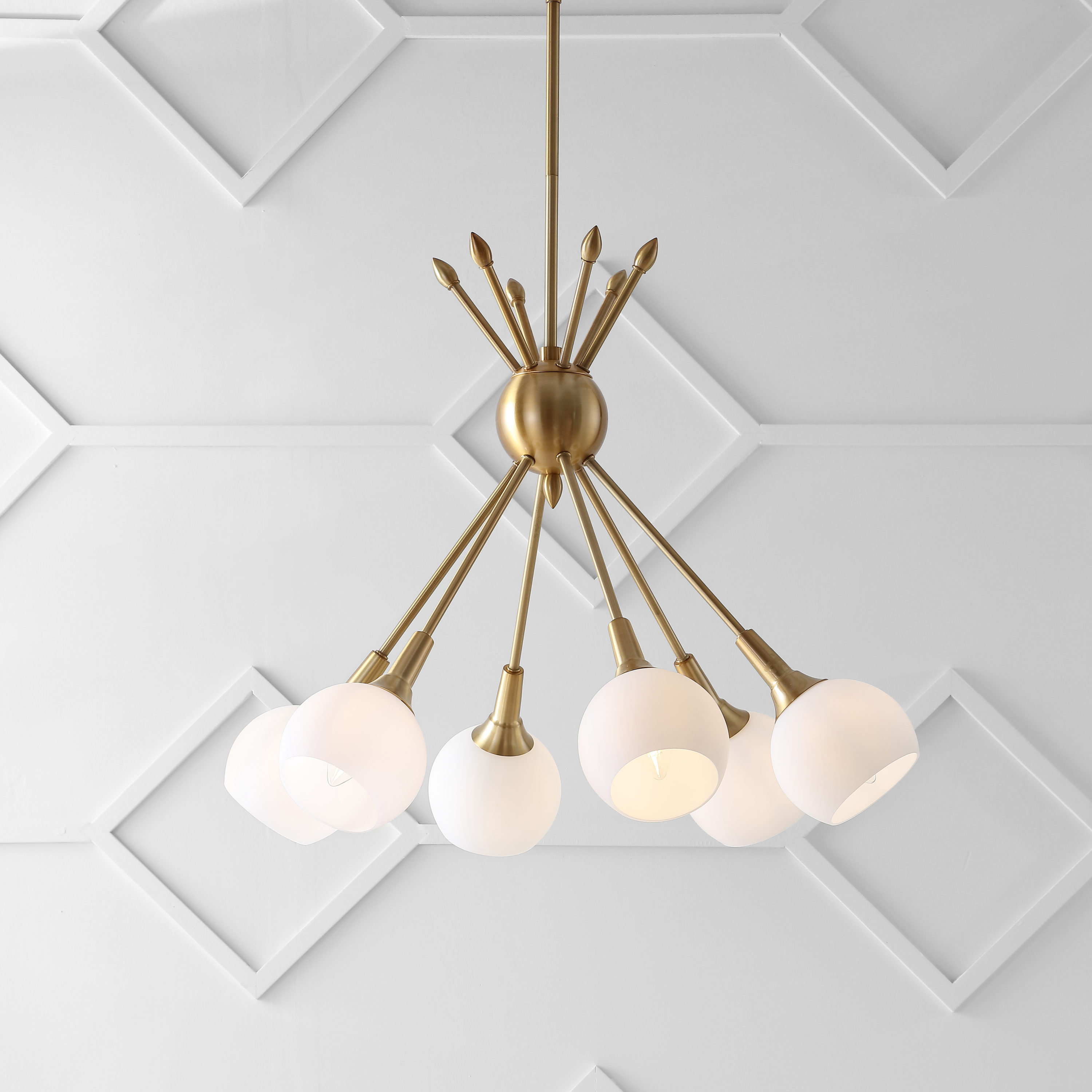 Justine 6-Light Brass Gold Contemporary Pendant with White Glass Shades