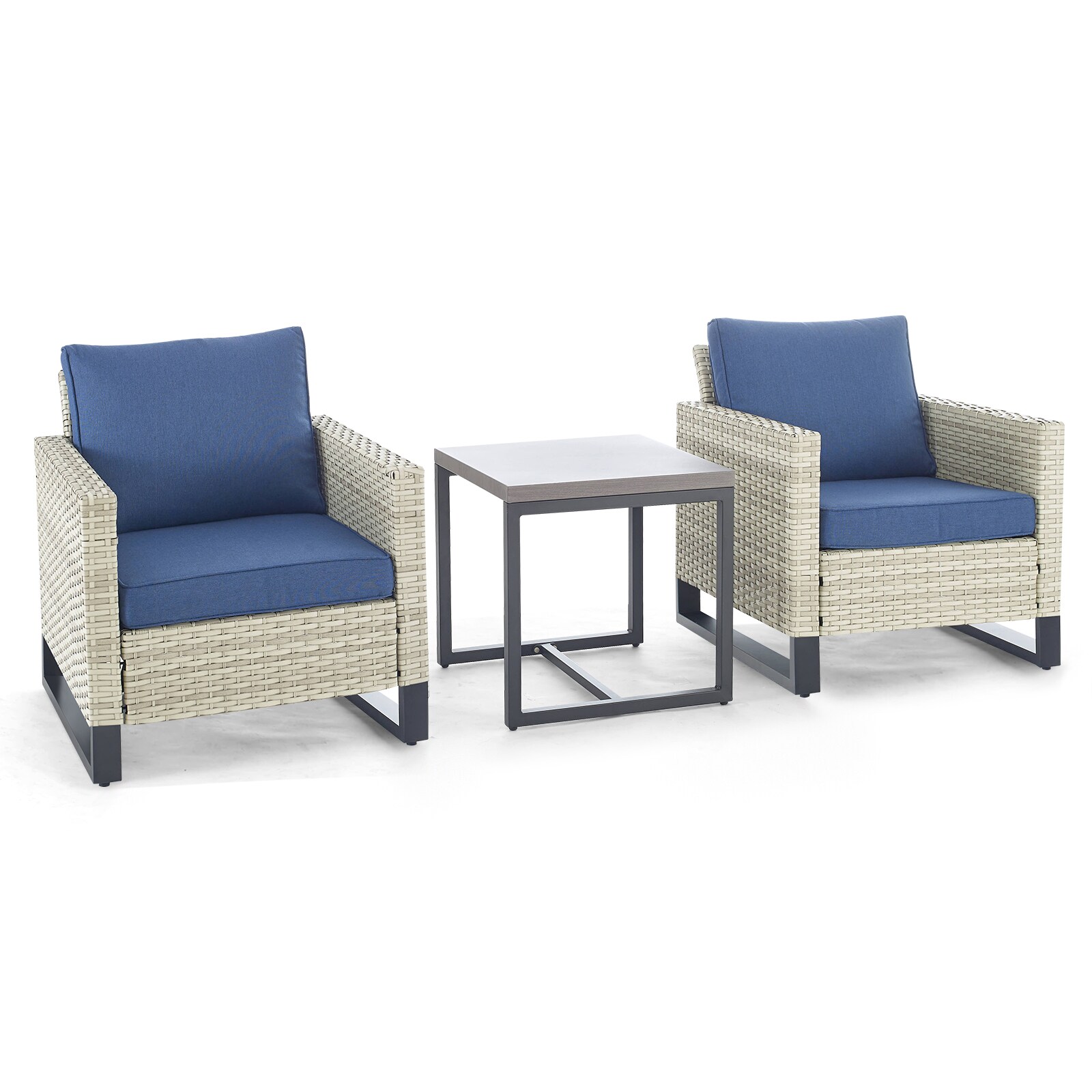 Rilyson FS083070-2NB U-Feet Set of 2 Wicker Light Beige Wicker Frame Stationary Conversation Chair with Navy Navy blue Cushioned Seat