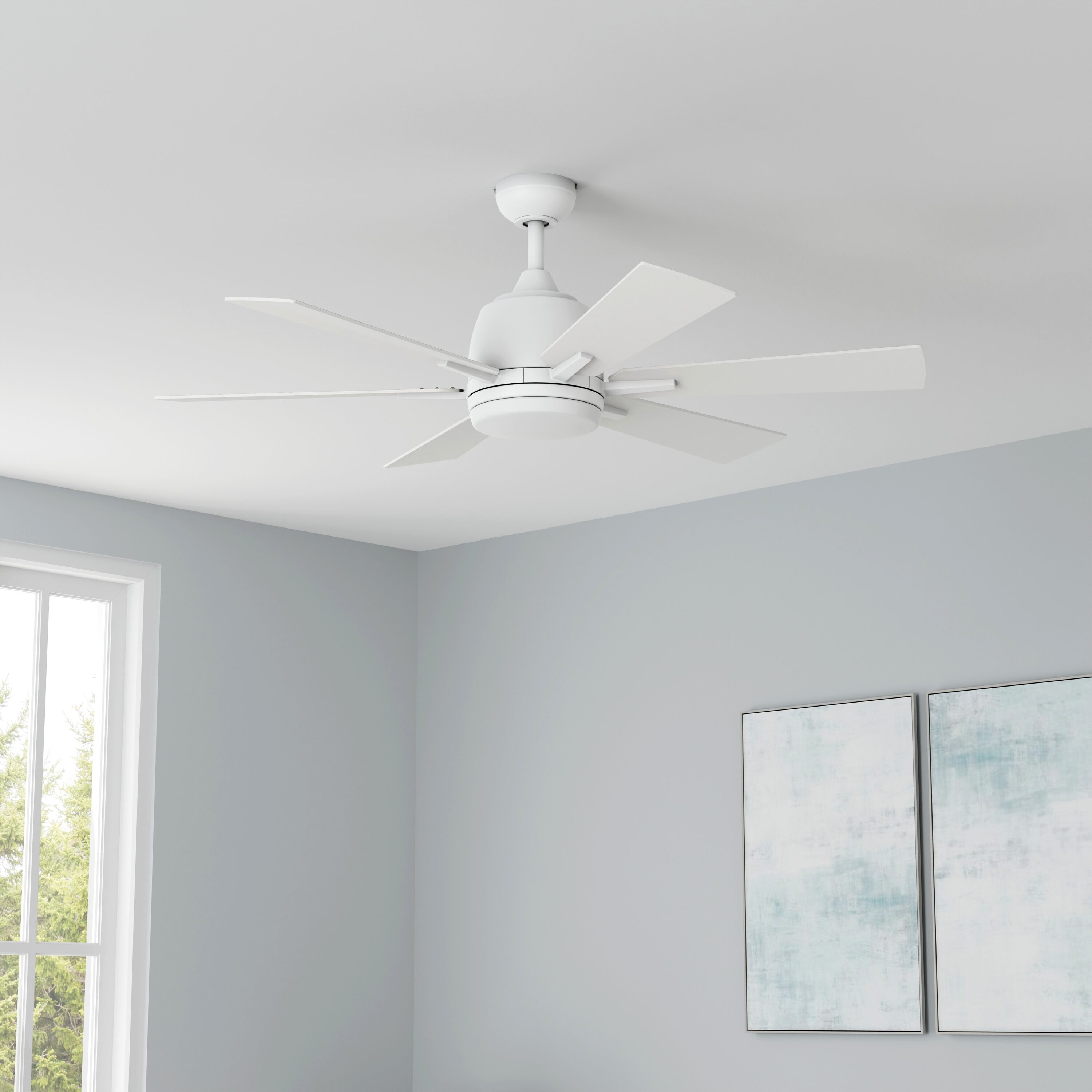 Harbor Breeze BRD48MWW6LR Bradbury 48-in Integrated LED Downrod or Flush Mount Matte White with Matte White/Weathered Wood Blades Ceiling Fan With Light - Remote Included ( 6 -Blade )