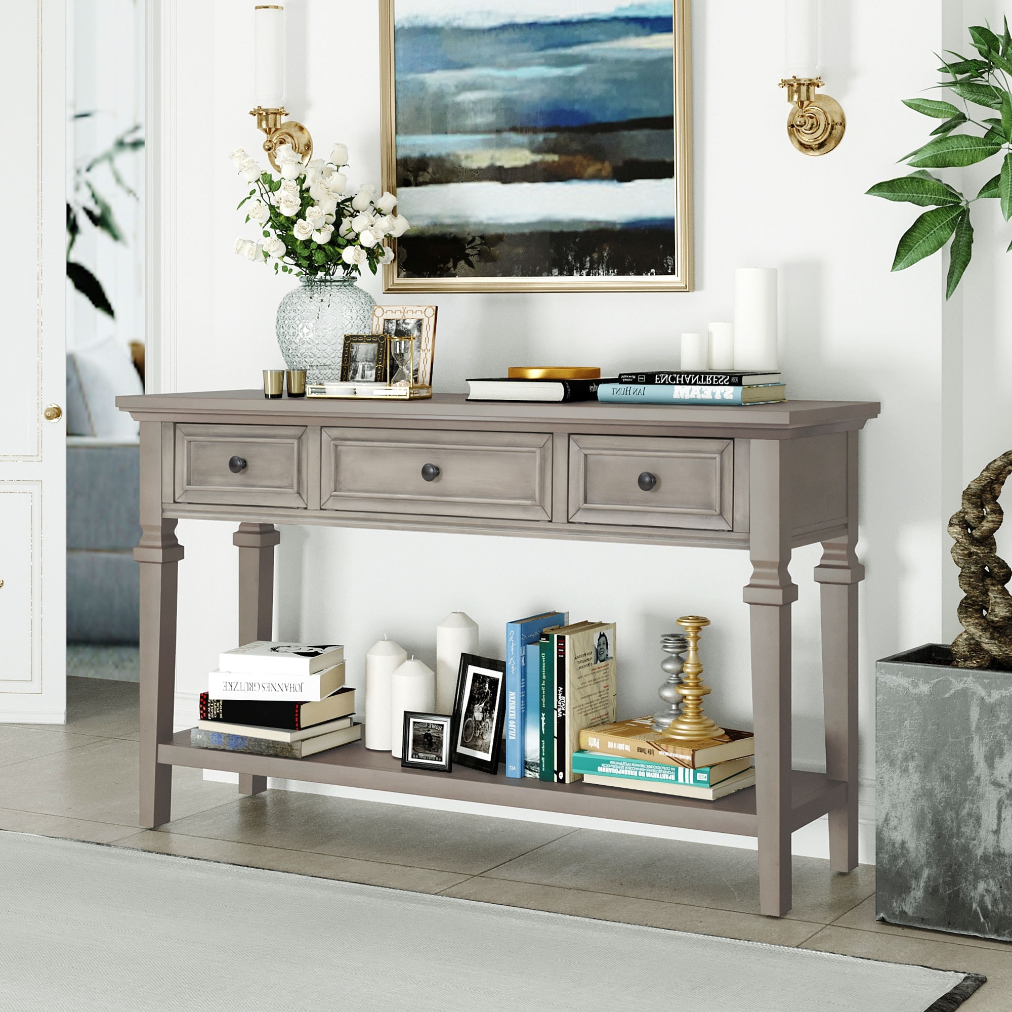 ModernLuxe WF199599AAE Classic Retro Style Console Table with Three Top Drawers and Open Style Bottom Shelf Easy Assembly Gray Wash