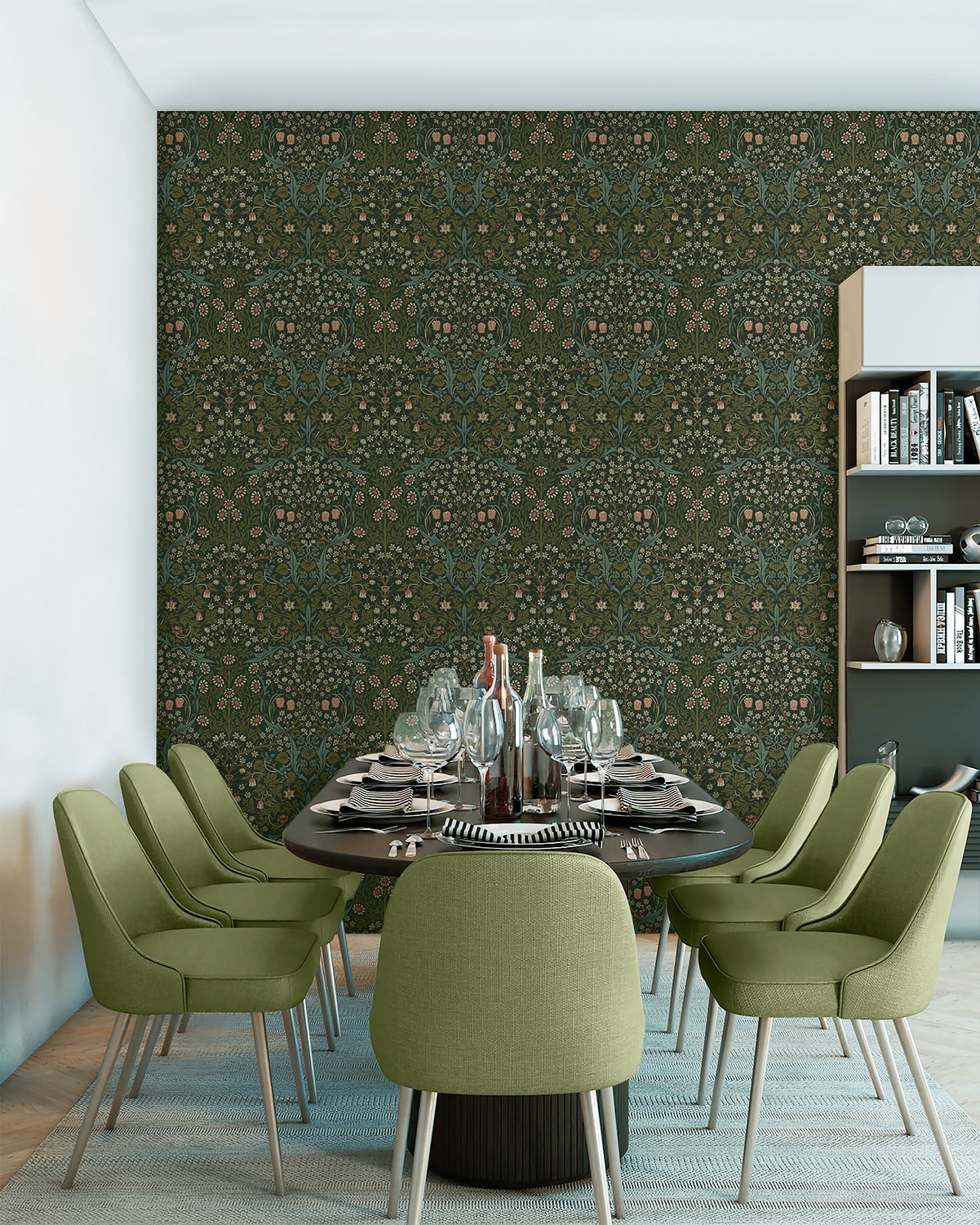 Victorian Garden Green Damask Self-Adhesive Peel and Stick Wallpaper