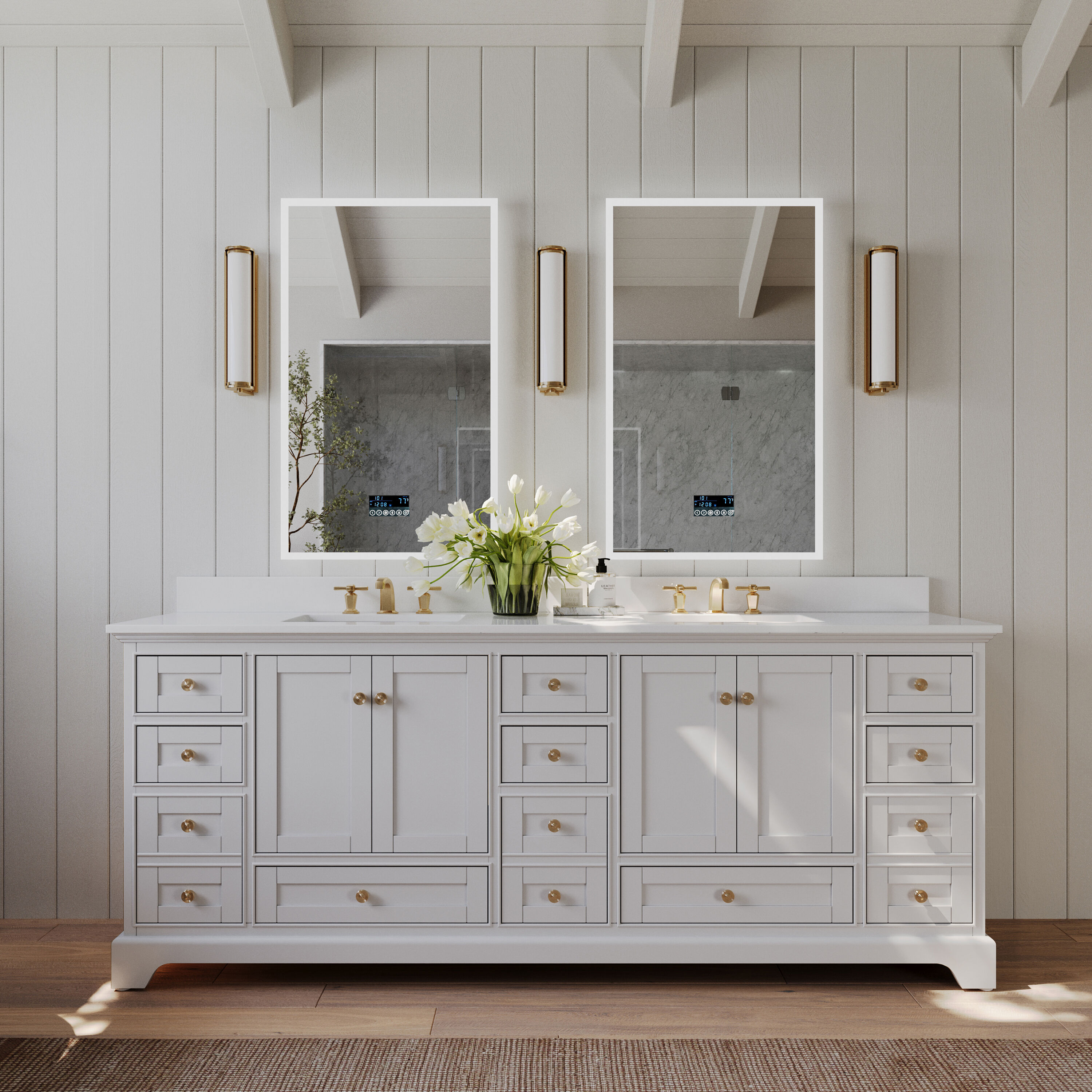 Ancerre Designs VTSAUDREY84-W-QCL-GD Audrey 84-in White Undermount Double sink Bathroom Vanity with White Quartz Top