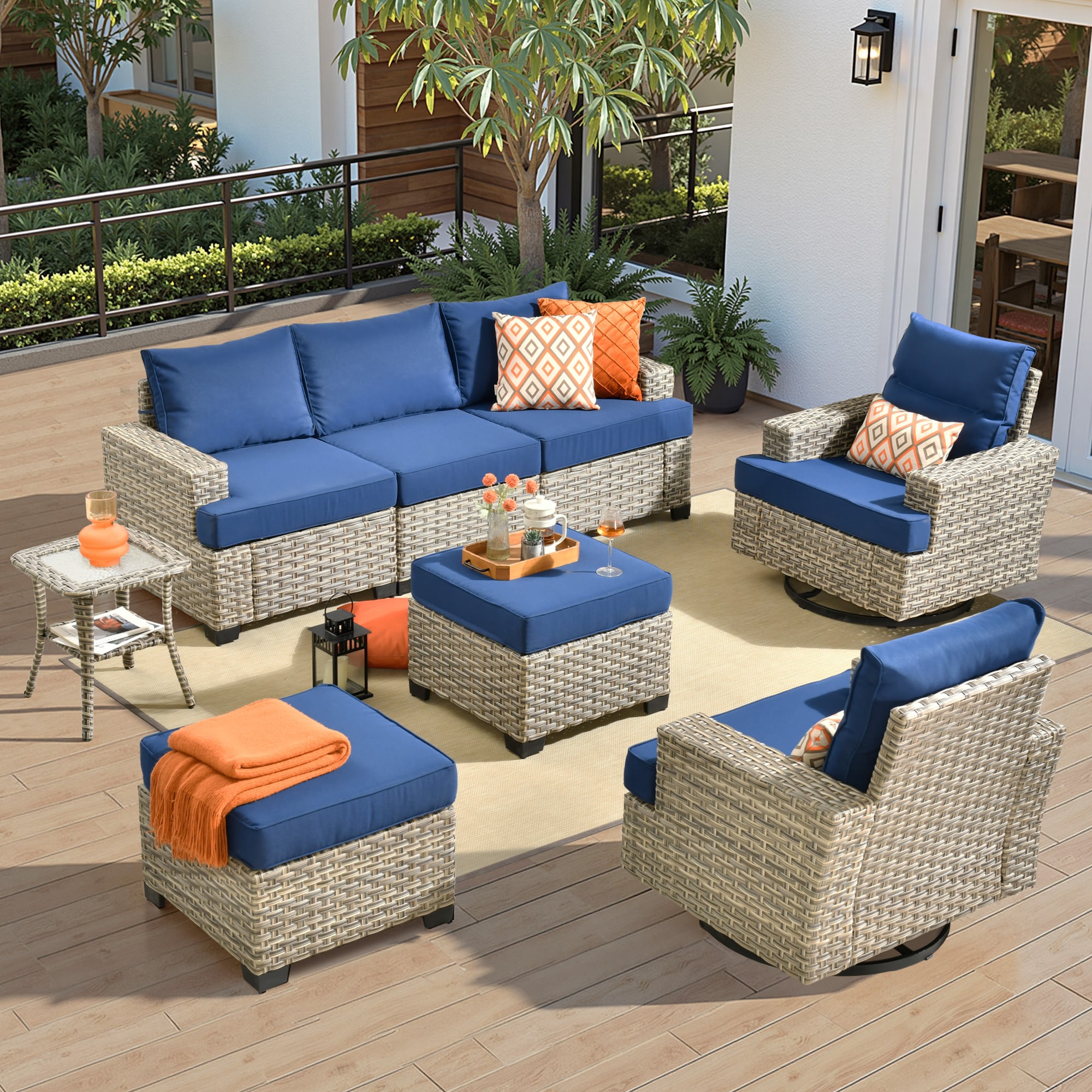 ALTRIGUS 6L-YZTBS708-AL 8 -Piece Wicker Patio Sofa Conversation Set with Navy Cushions